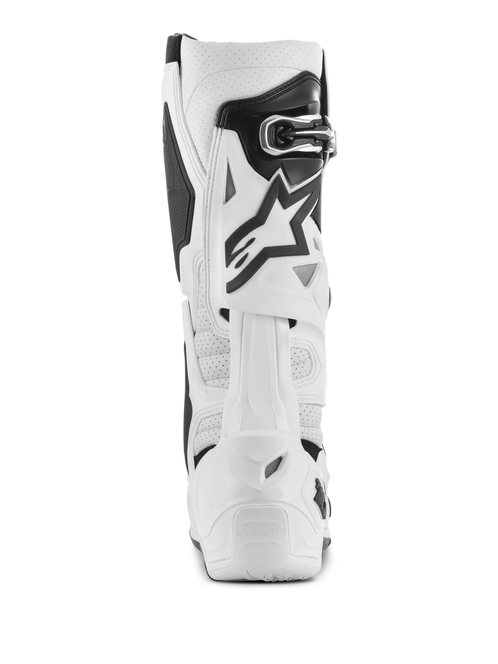 Botas Alpinestars Tech 10 Supervented, botas de motocross blancas, vista trasera con microfibra perforada para el flujo de aire, sistema de lámina trasera de TPU blanco, logotipo de estrella negro y cierre de hebilla seguro, calzado off-road de alto rendimiento