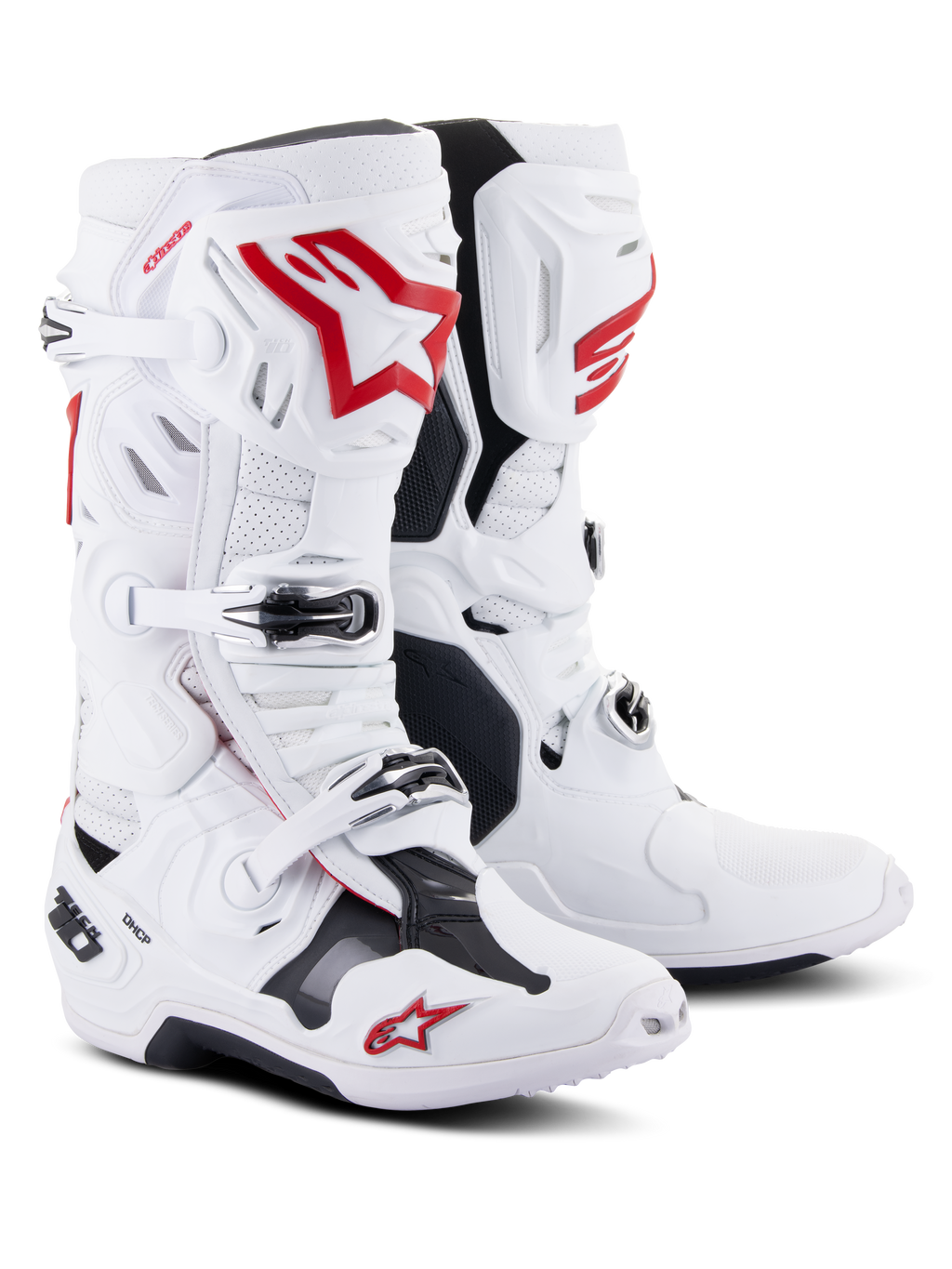 Botas Alpinestars Tech 10 Supervented, botas de motocross, blanco y rojo brillante, con microfibra perforada para la circulación del aire, logotipos rojos destacados de Alpinestars, cierres de hebilla negros y chasis de TPU reforzado para rendimiento todoterreno