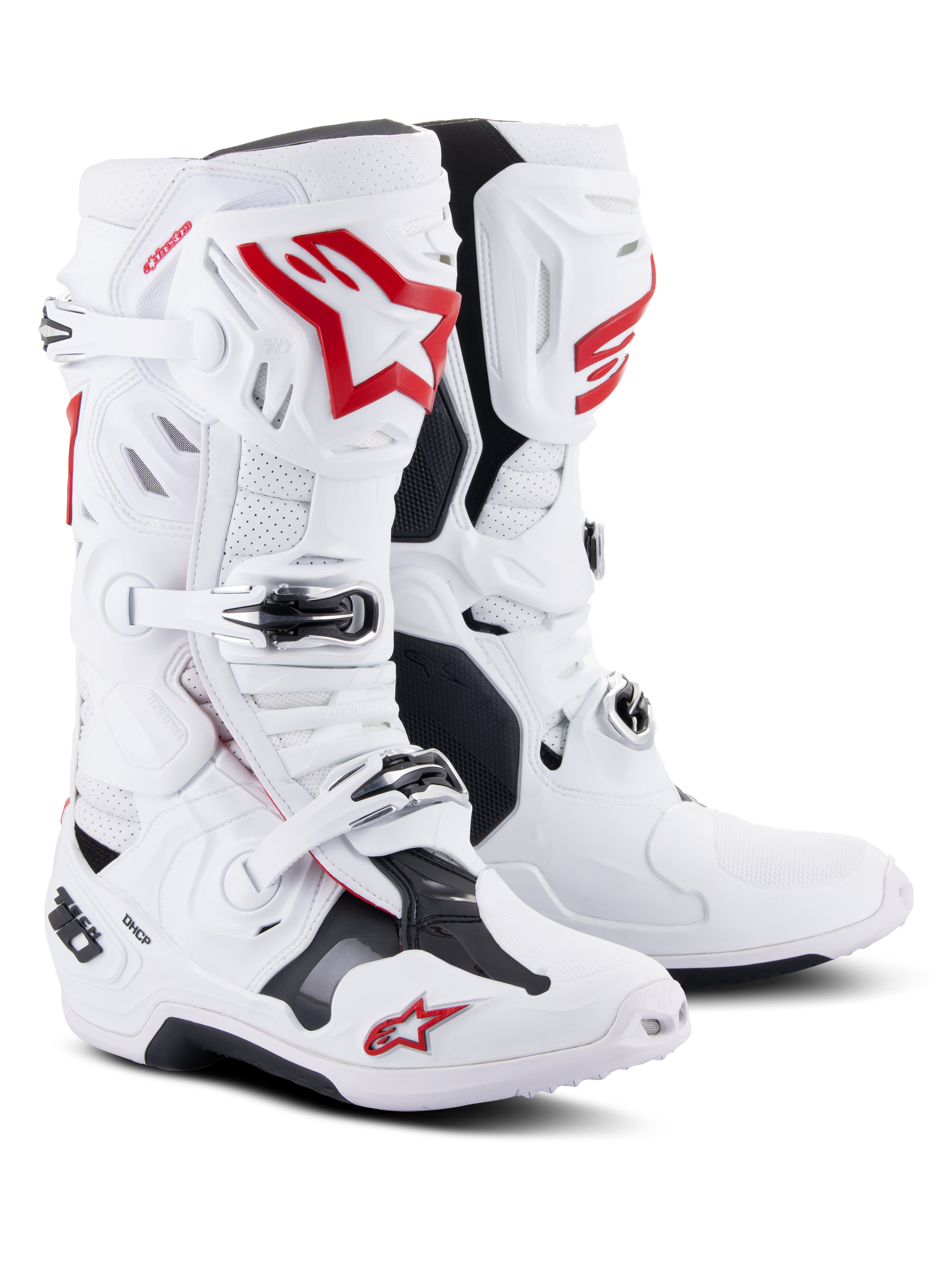 Botas Alpinestars Tech 10 Supervented, botas de motocross, blanco y rojo brillante, con microfibra perforada para la circulación del aire, logotipos rojos destacados de Alpinestars, cierres de hebilla negros y chasis de TPU reforzado para rendimiento todoterreno