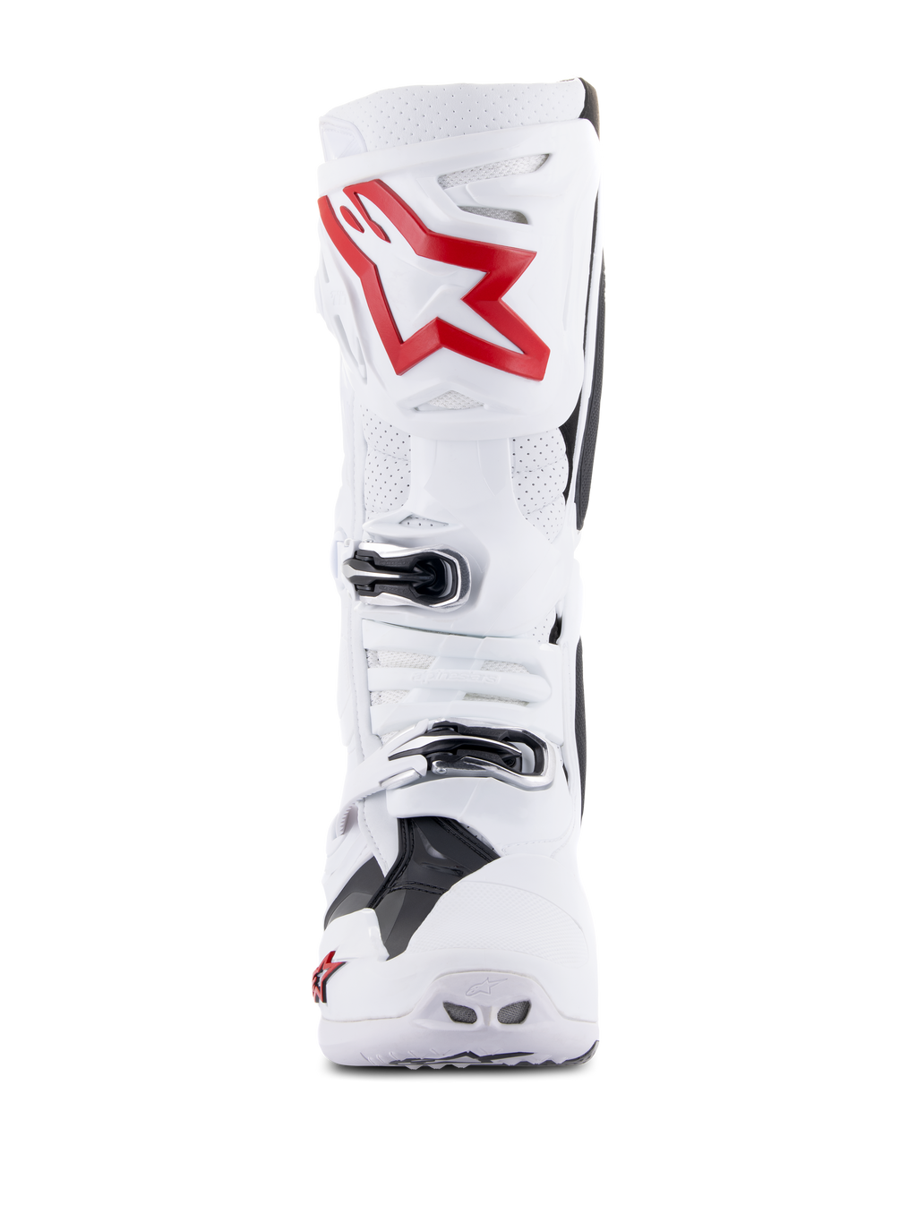 Botas Alpinestars Tech 10 Supervented, blanco y rojo brillante, vista frontal que muestra paneles perforados ventilados, logotipo de estrella roja grande en la placa de la espinilla, hebillas plateadas ajustables y diseño de motocross de alto rendimiento