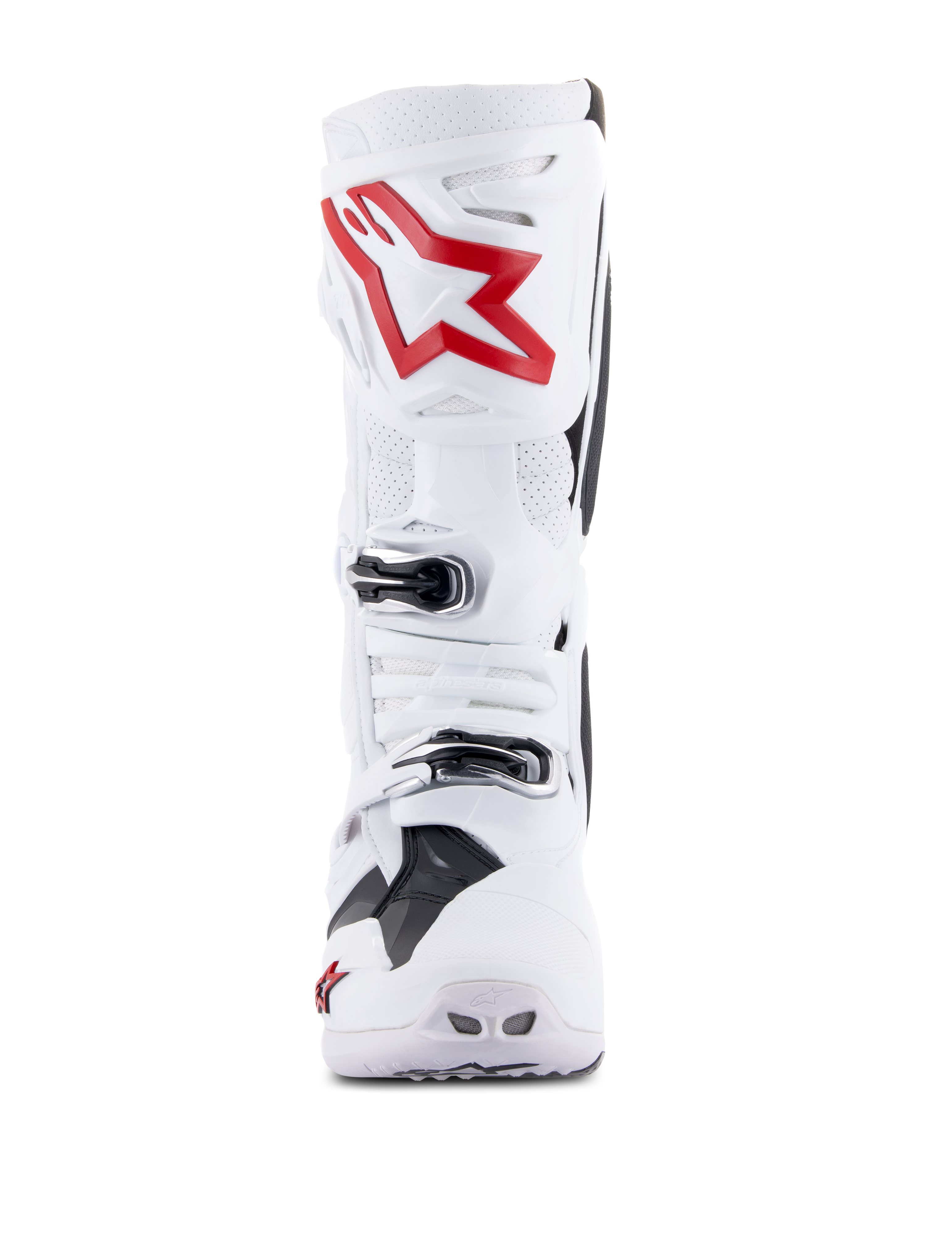 Botas Alpinestars Tech 10 Supervented, blanco y rojo brillante, vista frontal que muestra paneles perforados ventilados, logotipo de estrella roja grande en la placa de la espinilla, hebillas plateadas ajustables y diseño de motocross de alto rendimiento