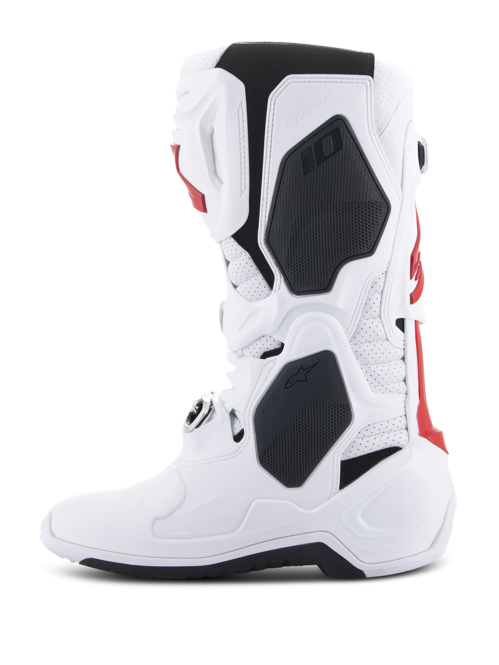 Botas Alpinestars Tech 10 Supervented, botas de motocross, blancas y rojo brillante con detalles en negro, vista de perfil lateral que destaca la construcción ventilada y la carcasa protectora de TPU