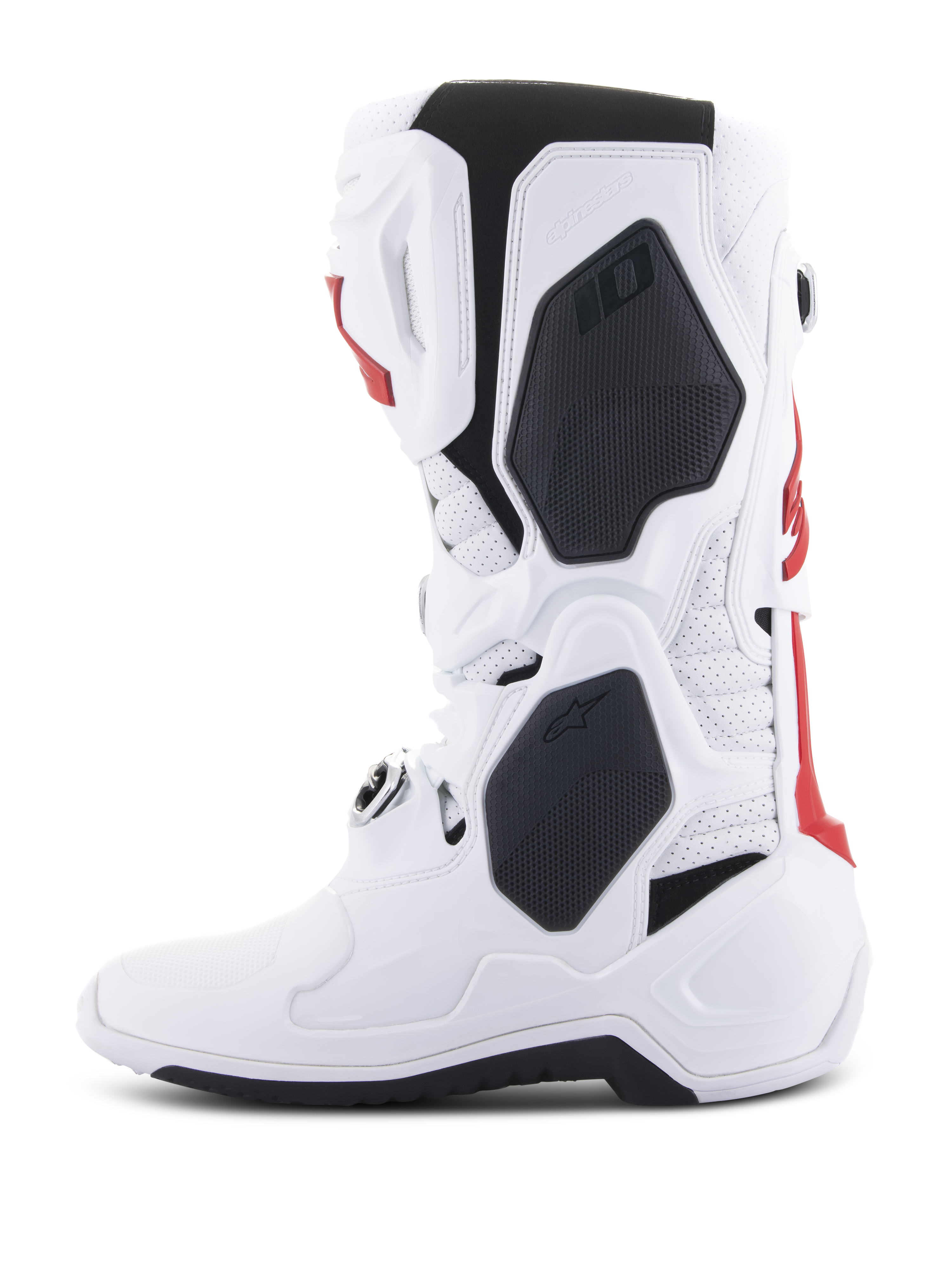 Botas Alpinestars Tech 10 Supervented, botas de motocross, blancas y rojo brillante con detalles en negro, vista de perfil lateral que destaca la construcción ventilada y la carcasa protectora de TPU