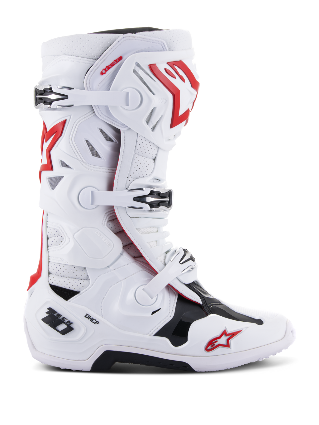 Botas Alpinestars Tech 10 Supervented, botas de competición para motocross y todoterreno, blanco, rojo y negro, sistema de cierre con múltiples hebillas, paneles de ventilación perforados, logotipo de estrella roja, tecnología DHCP, paneles de protección reforzados y suela robusta para todoterreno