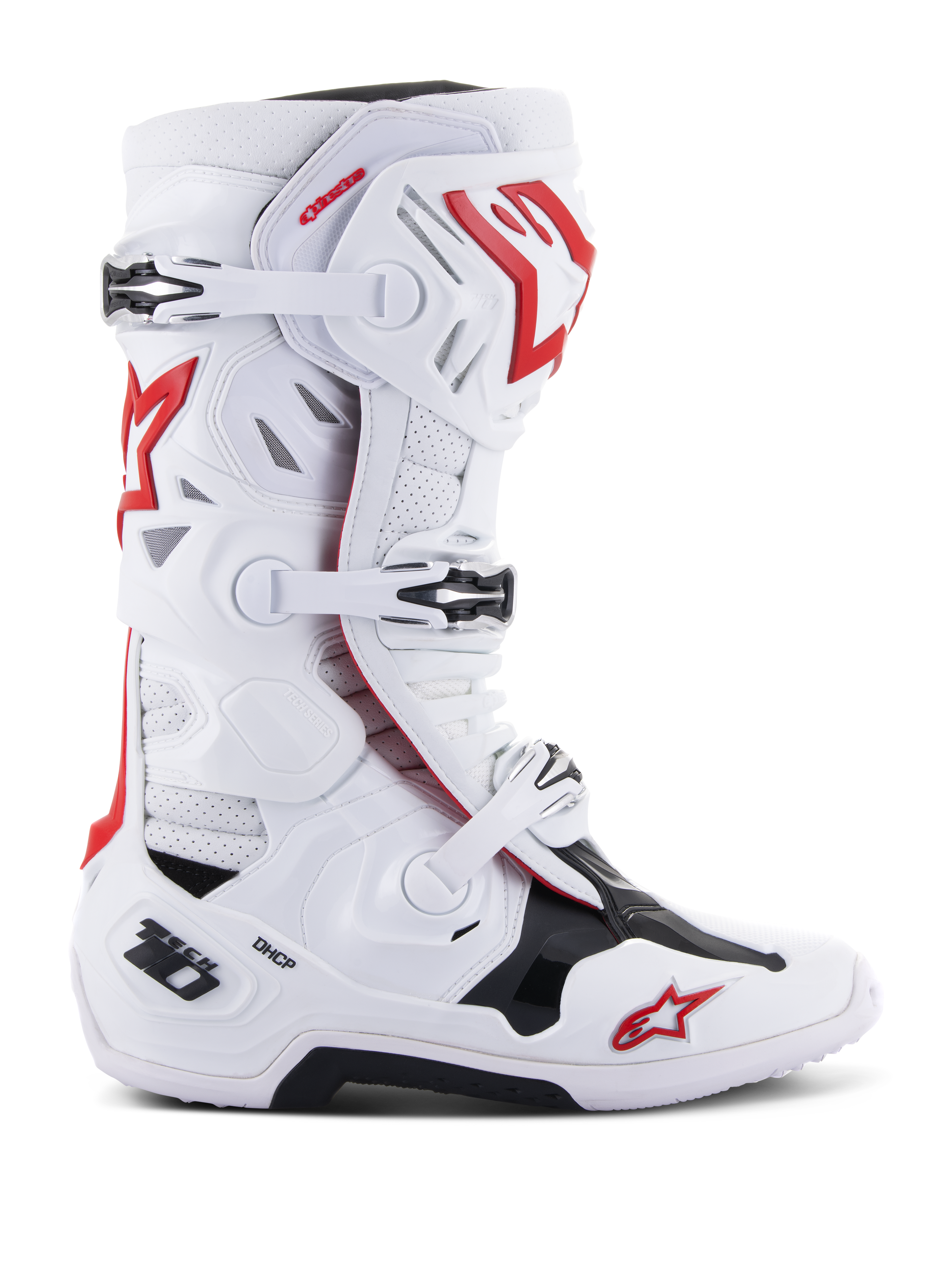 Botas Alpinestars Tech 10 Supervented, botas de competición para motocross y todoterreno, blanco, rojo y negro, sistema de cierre con múltiples hebillas, paneles de ventilación perforados, logotipo de estrella roja, tecnología DHCP, paneles de protección reforzados y suela robusta para todoterreno
