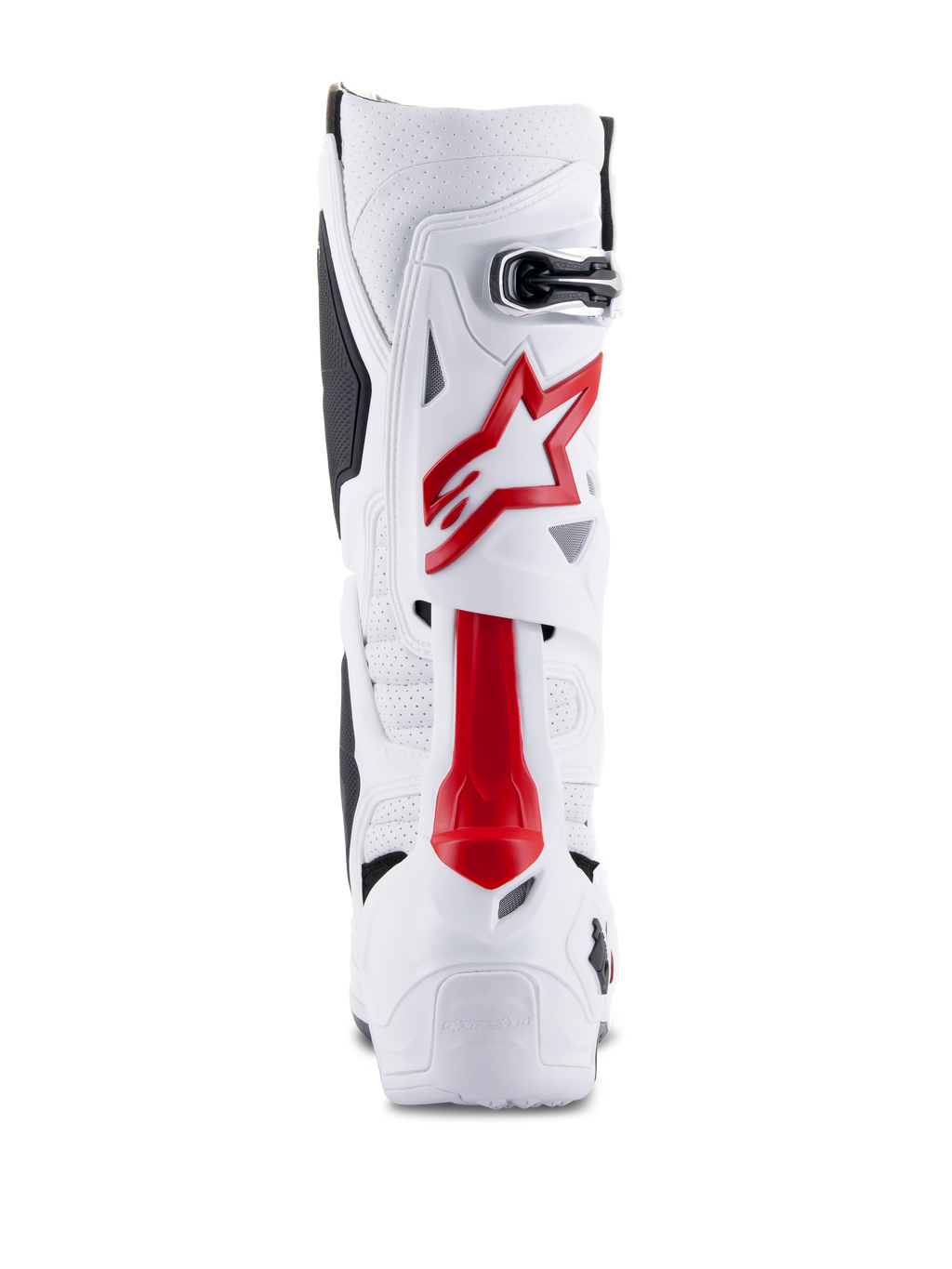 Botas Alpinestars Tech 10 Supervented, botas de motocross, blanco y rojo brillante, vista trasera que muestra microfibra ventilada, logotipo de estrella roja y carcasa de TPU reforzada para rendimiento todoterreno