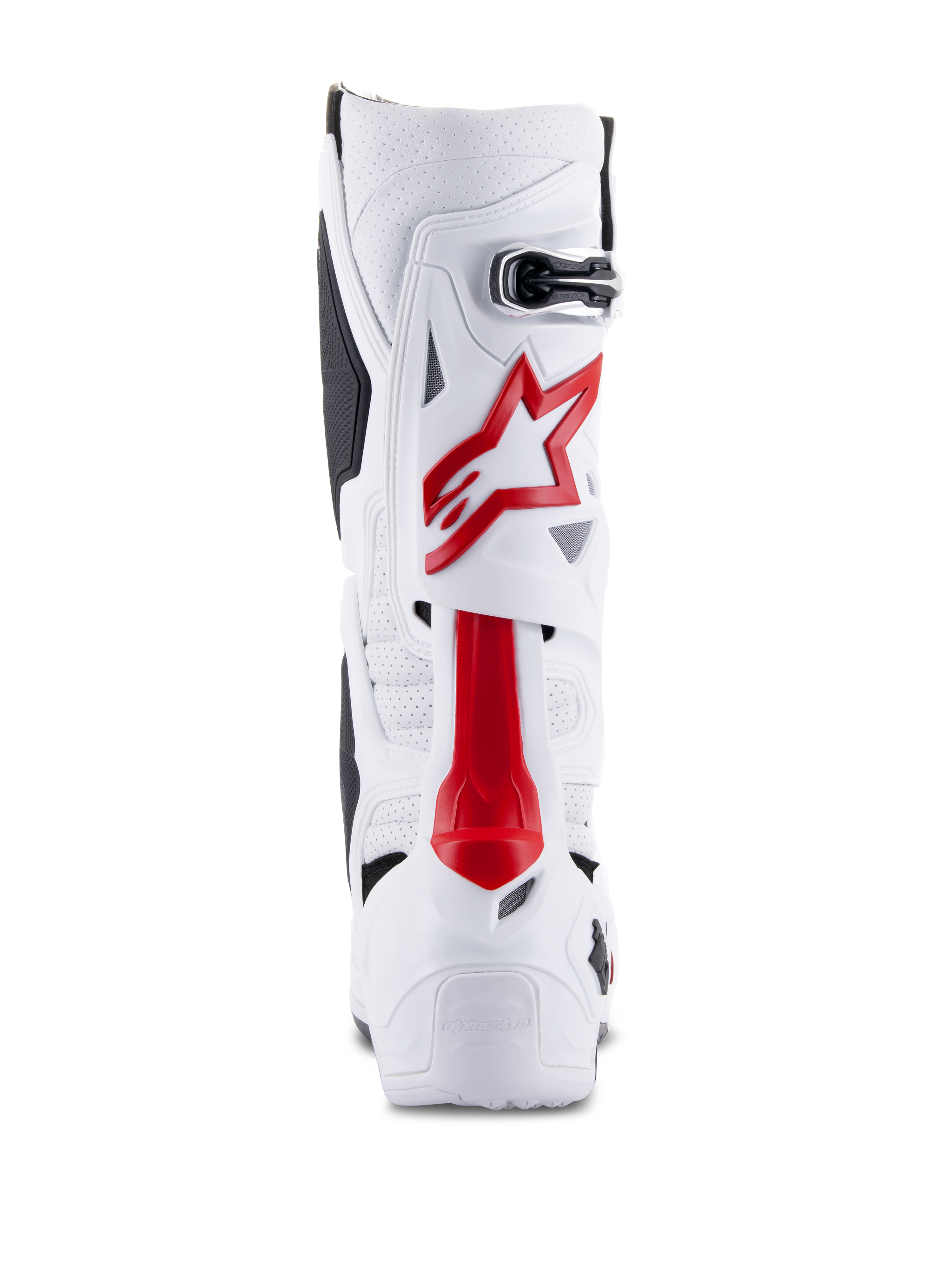Botas Alpinestars Tech 10 Supervented, botas de motocross, blanco y rojo brillante, vista trasera que muestra microfibra ventilada, logotipo de estrella roja y carcasa de TPU reforzada para rendimiento todoterreno