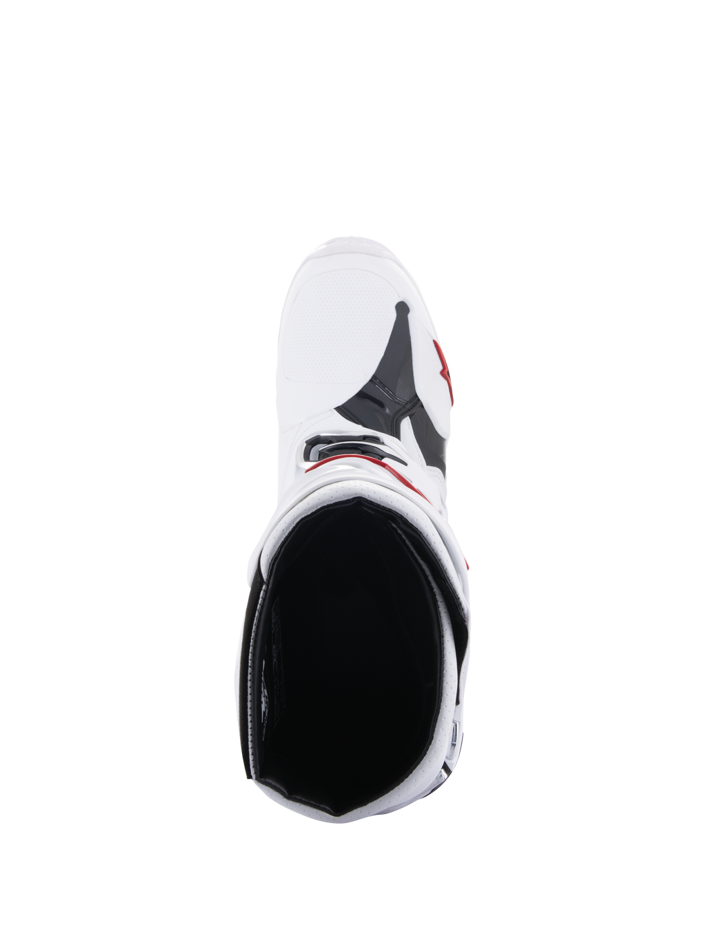 Botas Alpinestars Tech 10 Supervented, botas de motocross, blanco y rojo brillante, vista cenital que muestra el forro de malla interior y la construcción superior ventilada, equipo de competición off-road de alto rendimiento