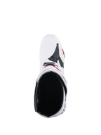Botas Alpinestars Tech 10 Supervented, botas de motocross, blanco y rojo brillante, vista cenital que muestra el forro de malla interior y la construcción superior ventilada, equipo de competición off-road de alto rendimiento
