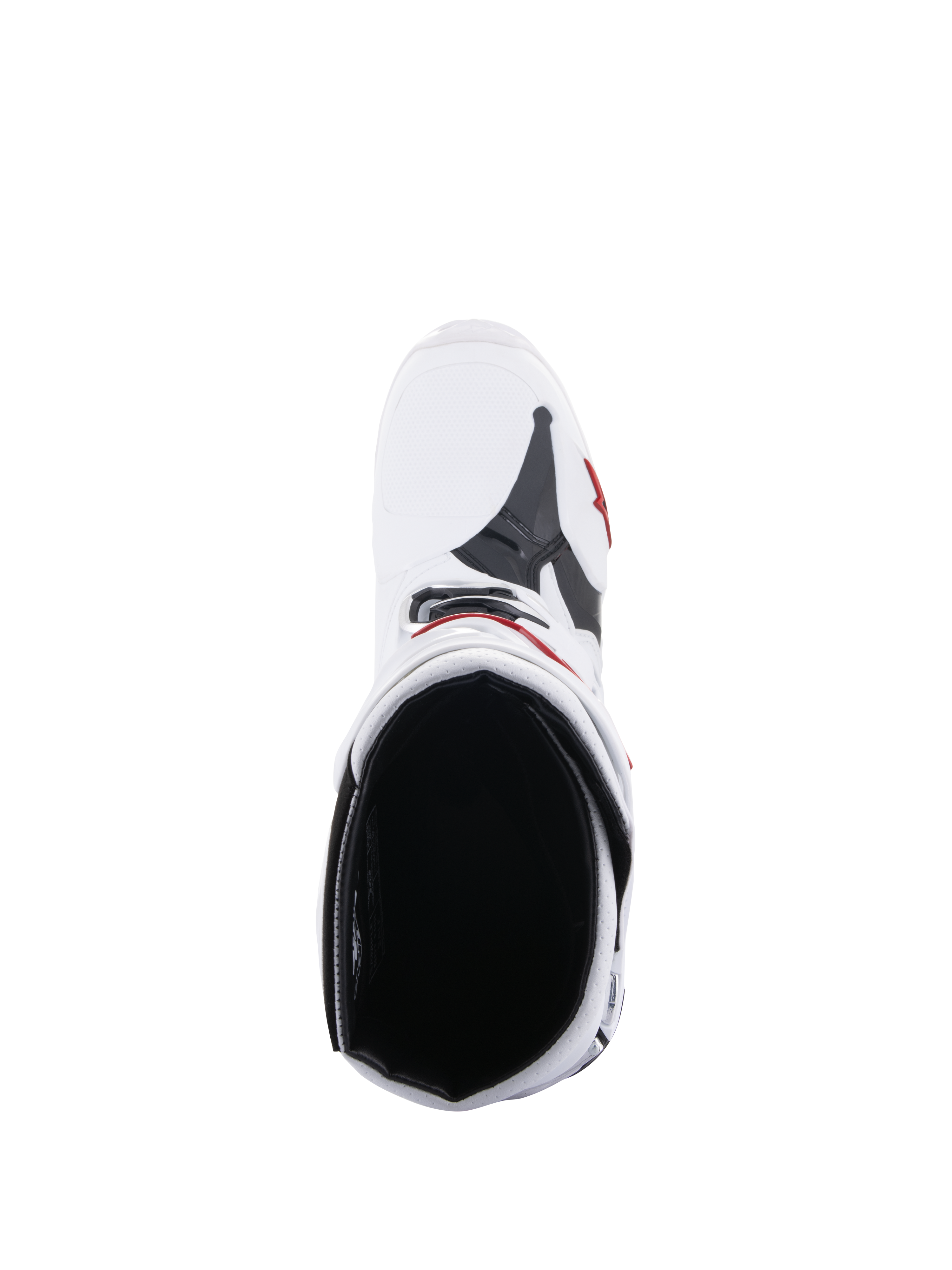 Botas Alpinestars Tech 10 Supervented, botas de motocross, blanco y rojo brillante, vista cenital que muestra el forro de malla interior y la construcción superior ventilada, equipo de competición off-road de alto rendimiento