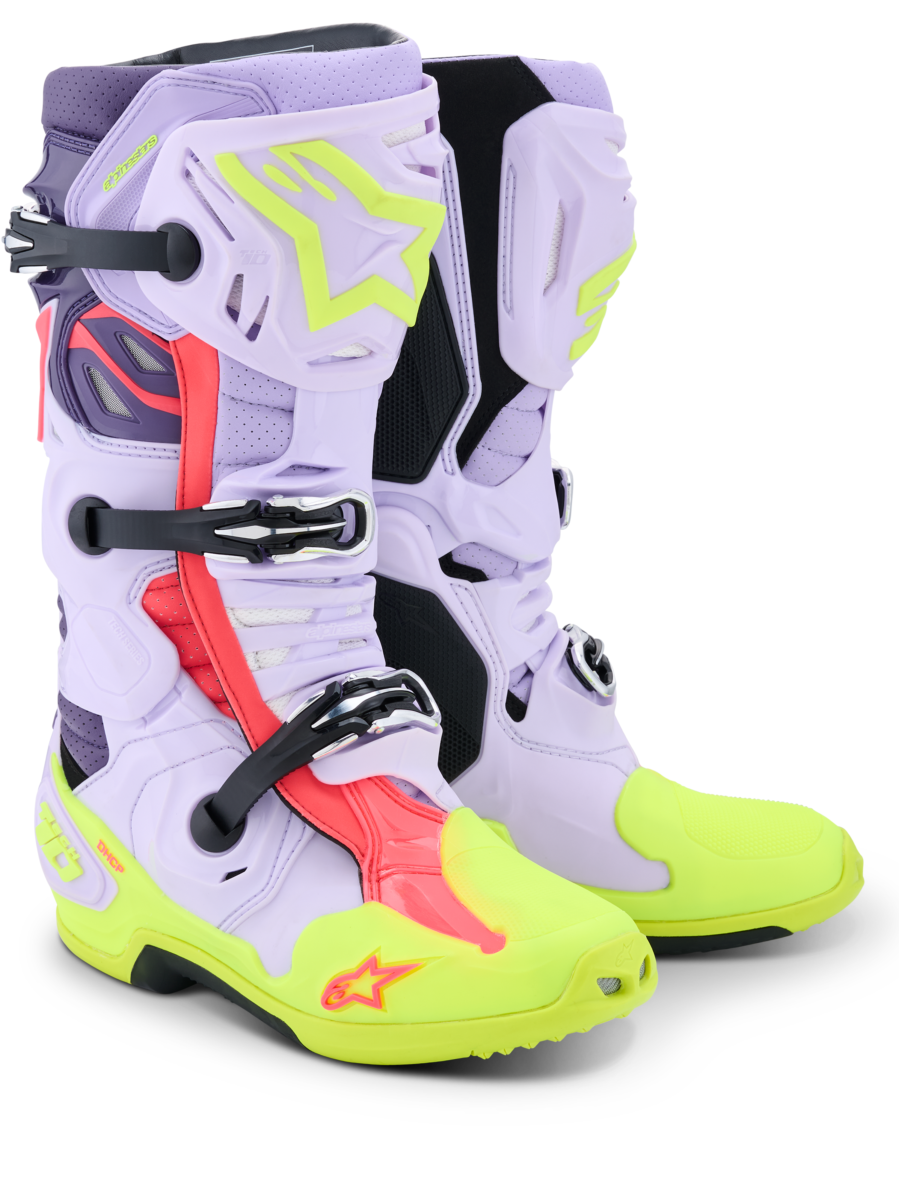 Botas Alpinestars Tech 10 Supervented, botas de motocross, púrpura, amarillo flúor y rosa diva, con construcción de microfibra perforada para un flujo de aire máximo, sistema de hebillas mecánicas, puntera y suela en amarillo neón brillante y detalles en rosa vibrante.