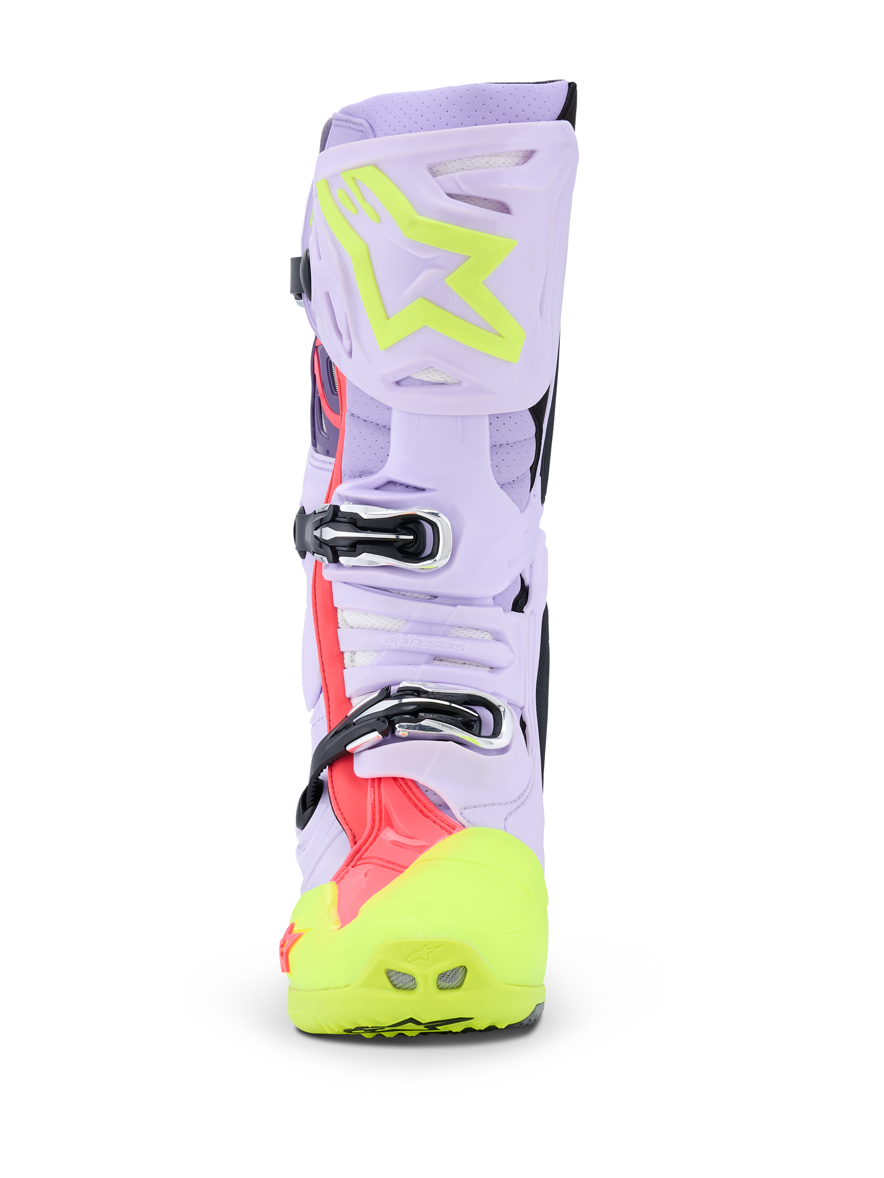 Alpinestars Tech 10 Supervented Boots, botas de motocross, púrpura, amarillo fluo y rosa diva, vista frontal que destaca el sistema de hebillas y la placa de la espinilla ventilada, calzado todoterreno de nivel profesional con parte superior de microfibra perforada
