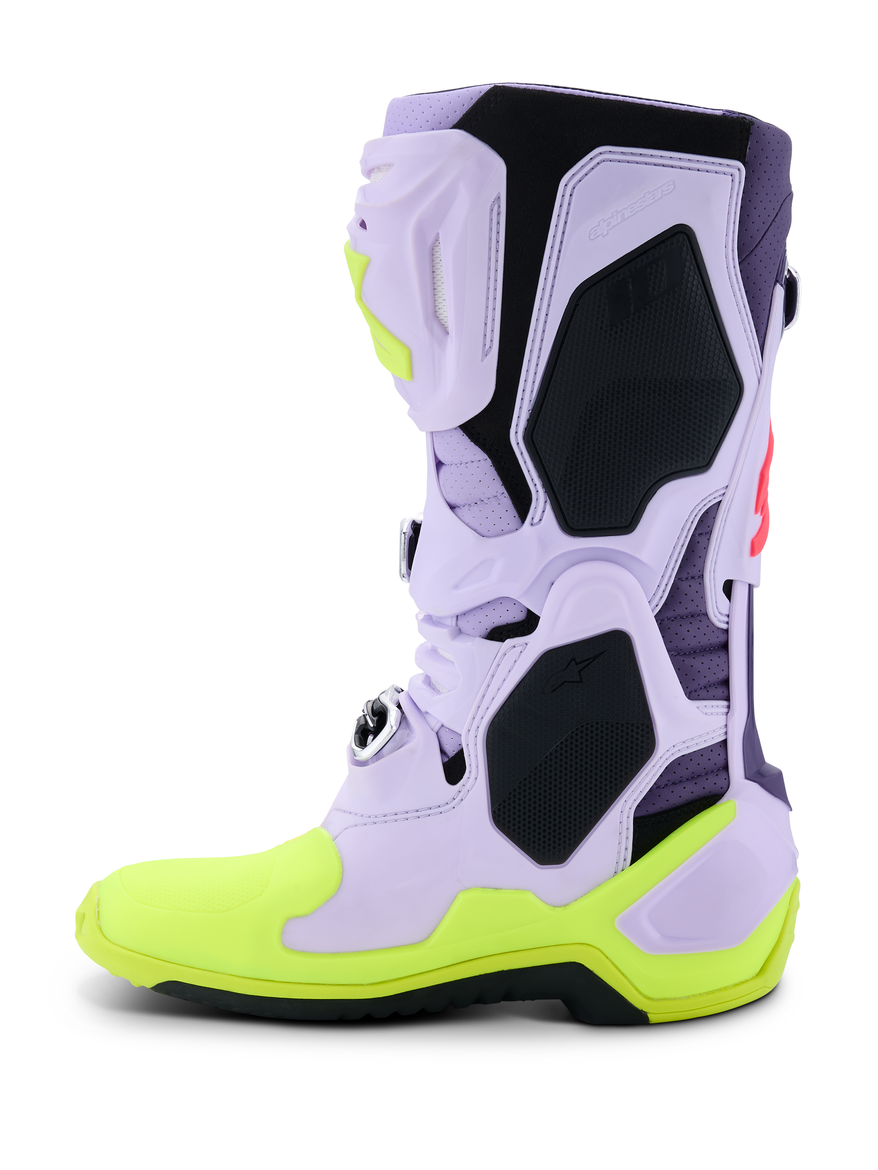Botas Alpinestars Tech 10 Supervented, botas de motocross, púrpura, amarillo flúor y rosa diva, perfil lateral con parte superior de microfibra perforada color lavanda, paneles de protección de TPU negros y suela amarillo neón, calzado ventilado de alto rendimiento para competición off-road