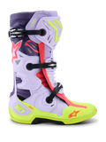 Botas Alpinestars Tech 10 Supervented, botas de competición de motocross, morado, amarillo flúor y rosa diva, con vista de perfil lateral, hebillas negras ajustables, paneles de microfibra ventilados, suela reforzada en amarillo neón y carcasa protectora de alto rendimiento
