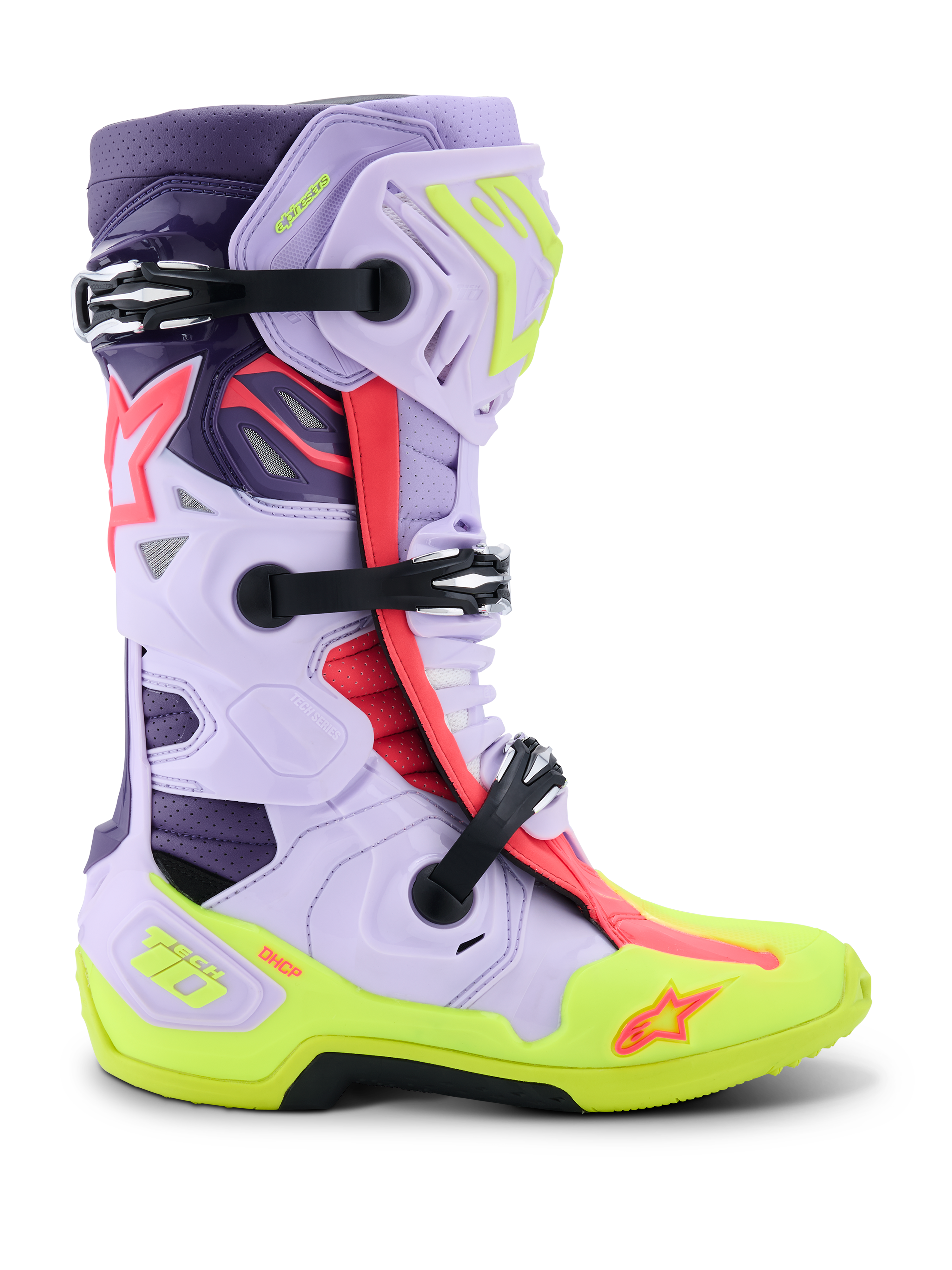 Botas Alpinestars Tech 10 Supervented, botas de competición de motocross, morado, amarillo flúor y rosa diva, con vista de perfil lateral, hebillas negras ajustables, paneles de microfibra ventilados, suela reforzada en amarillo neón y carcasa protectora de alto rendimiento