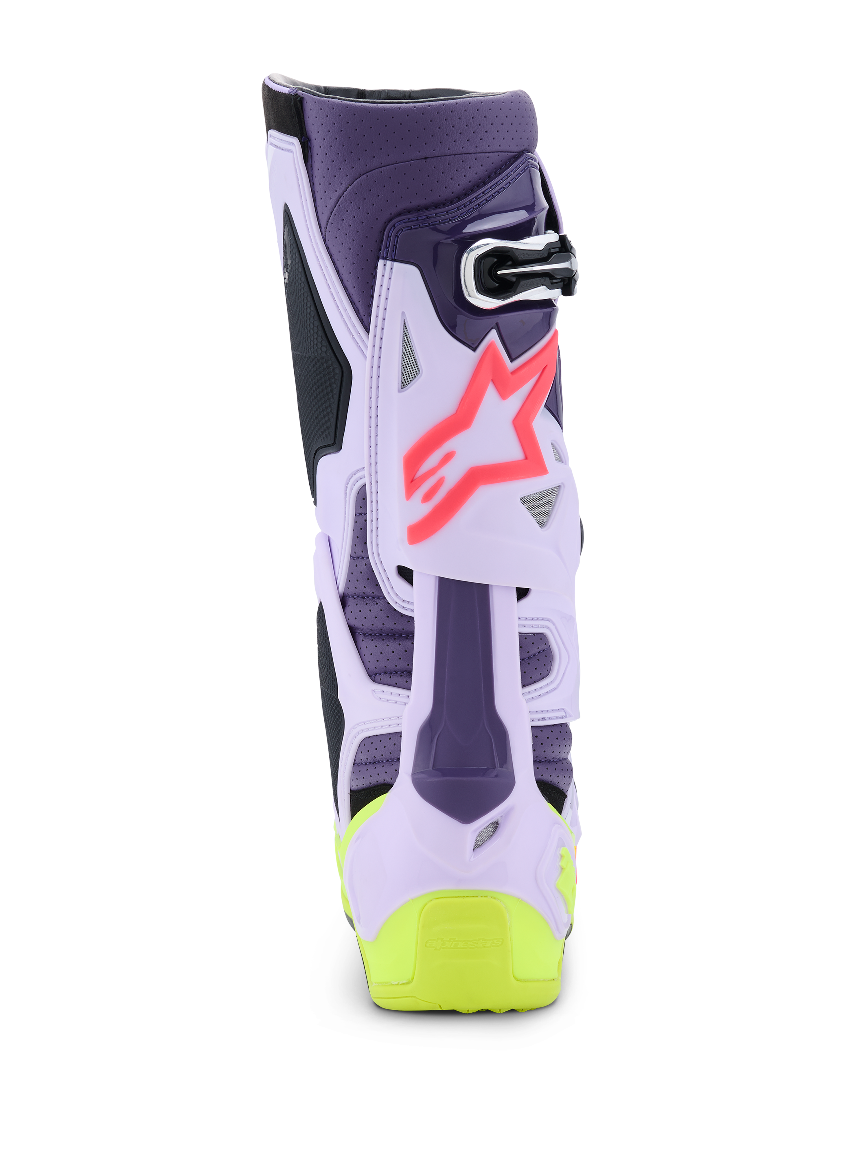Botas Alpinestars Tech 10 Supervented, vista trasera, combinación de colores púrpura, amarillo flúor y rosa diva, con estructura de TPU ventilada, logotipo de estrella rosa y detalle de talón en amarillo brillante, calzado de motocross de nivel profesional