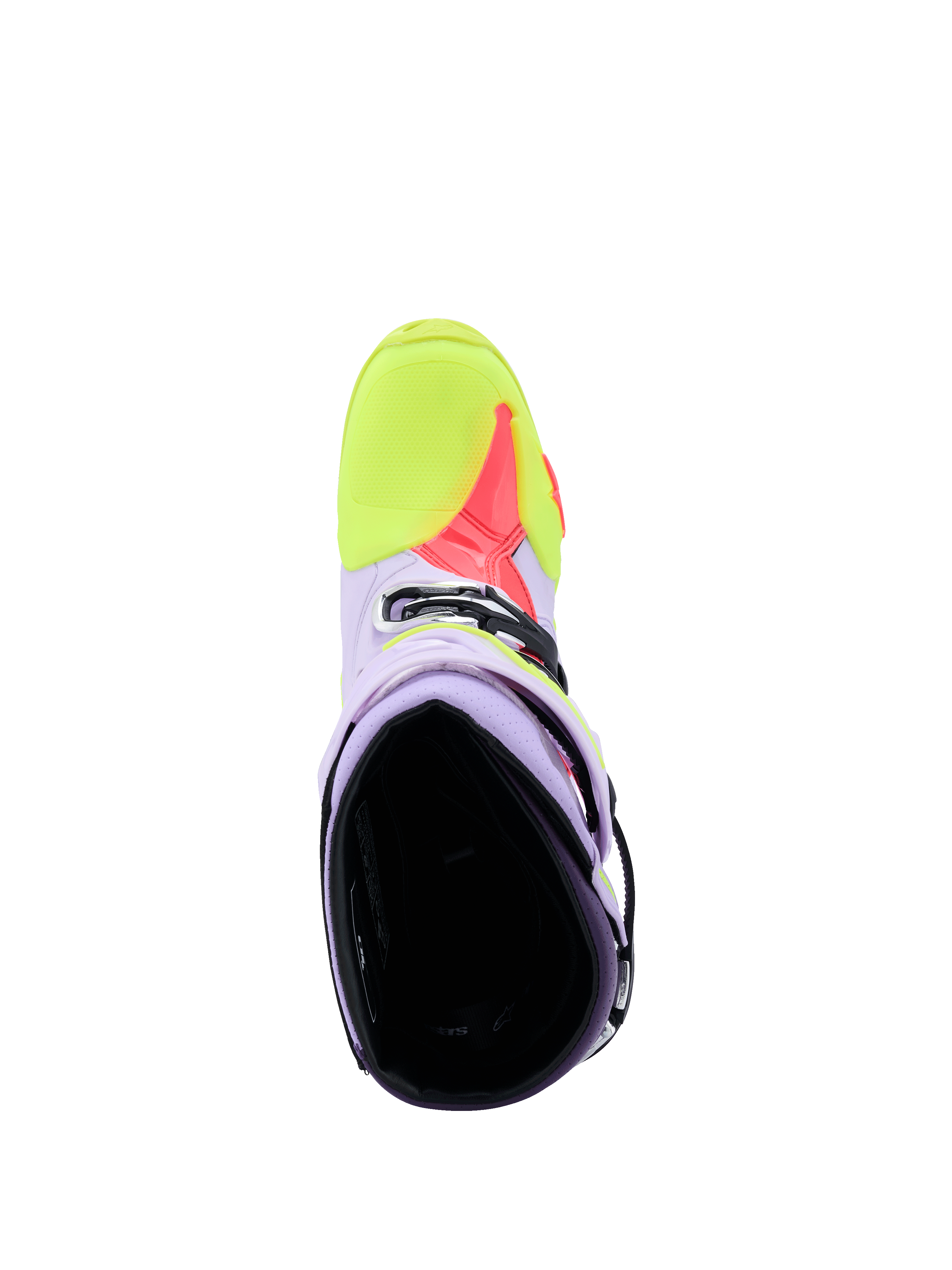 Botas Alpinestars Tech 10 Supervented en púrpura, amarillo flúor y rosa diva, vista superior que muestra el interior y la construcción de microfibra perforada para la circulación de aire, calzado de motocross de alto rendimiento