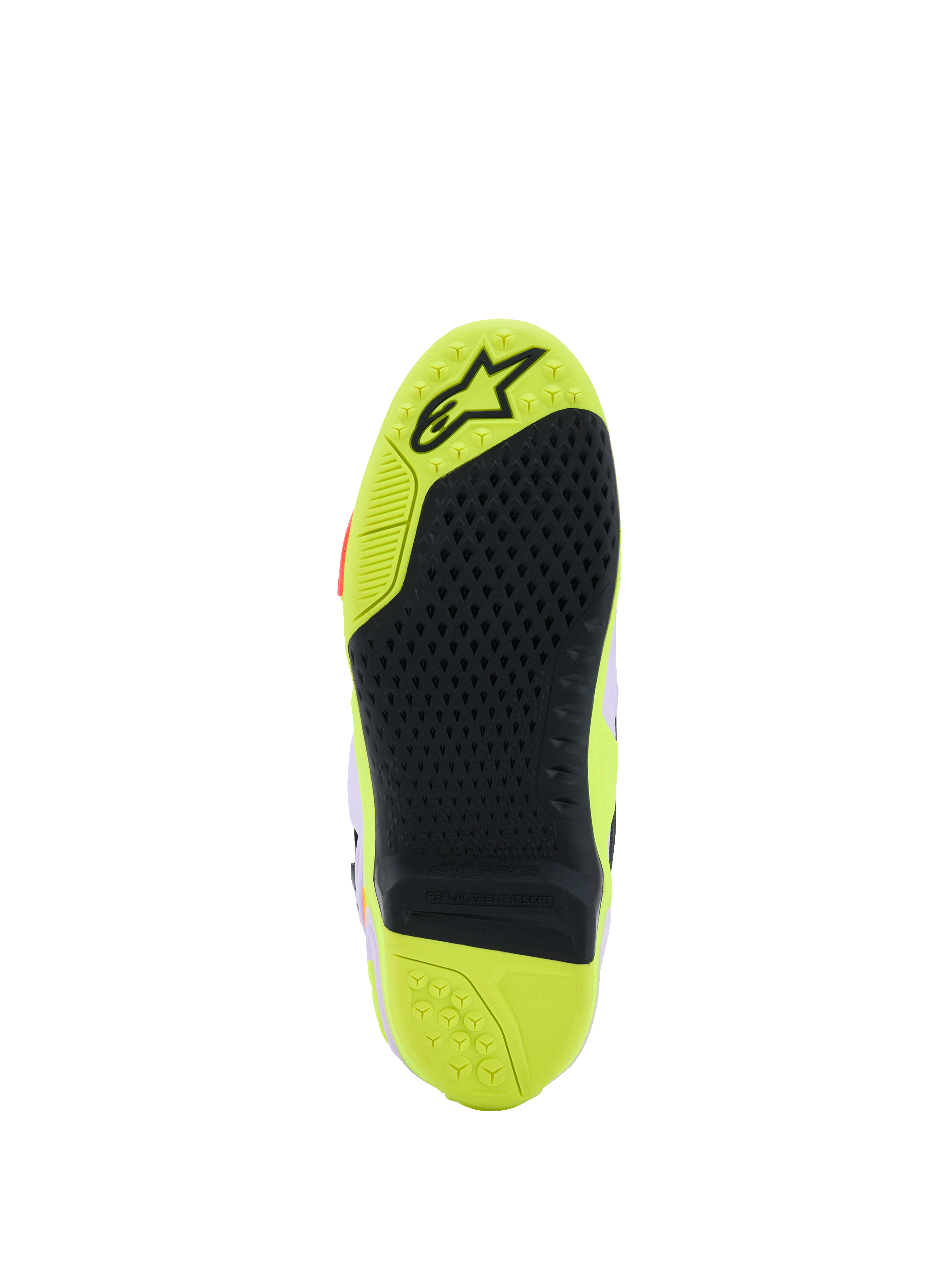 Botas Alpinestars Tech 10 Supervented, vista detallada de la suela, Amarillo Flúor y Negro, con patrón de agarre de panal, inserción central reemplazable y superficie texturizada para tracción en los estribos