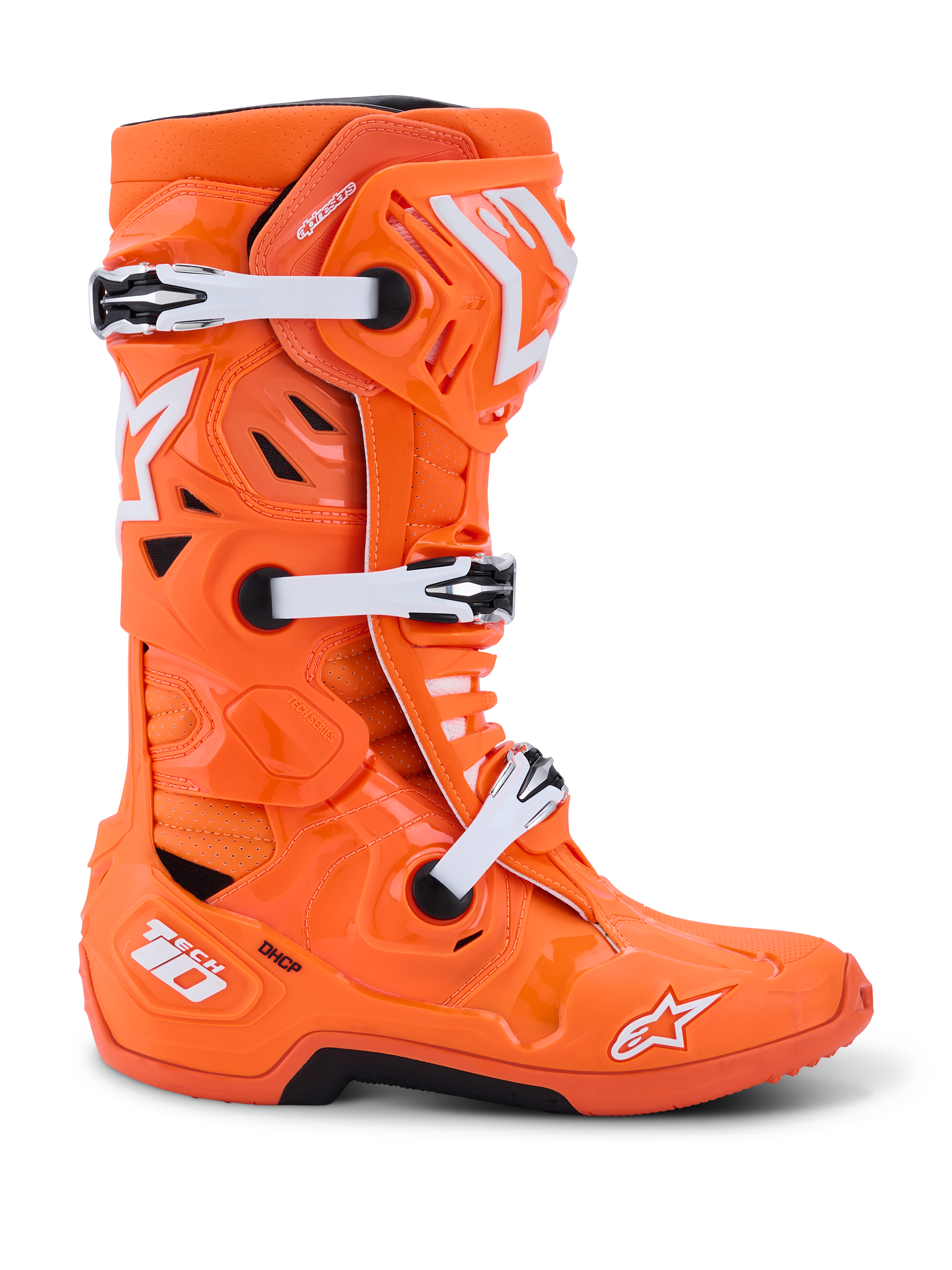 Botas Alpinestars Tech 10 Supervented, botas de motocross, naranja flúor y blanco, vista de perfil con hebillas mecánicas blancas y detalles en negro, diseño ventilado con paneles perforados, calzado de protección de alta gama para competición