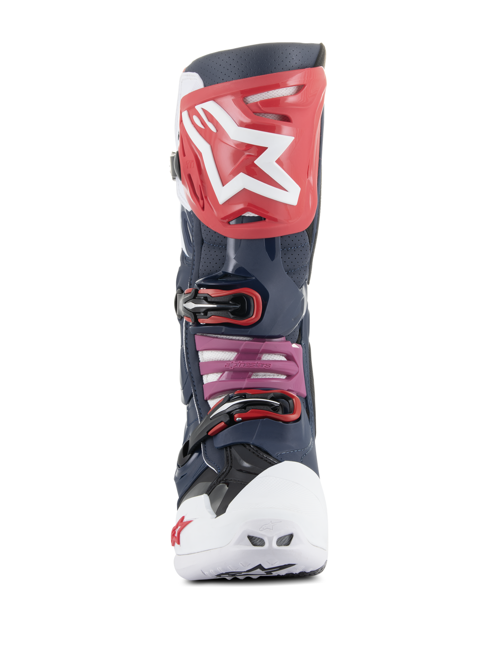 Botas Alpinestars Tech 10 Supervented, botas de motocross, Night Navy White Rainbow, vista frontal con placa de espinilla roja y logo blanco, puntera ventilada blanca y microfibra perforada azul marino para una ventilación máxima.