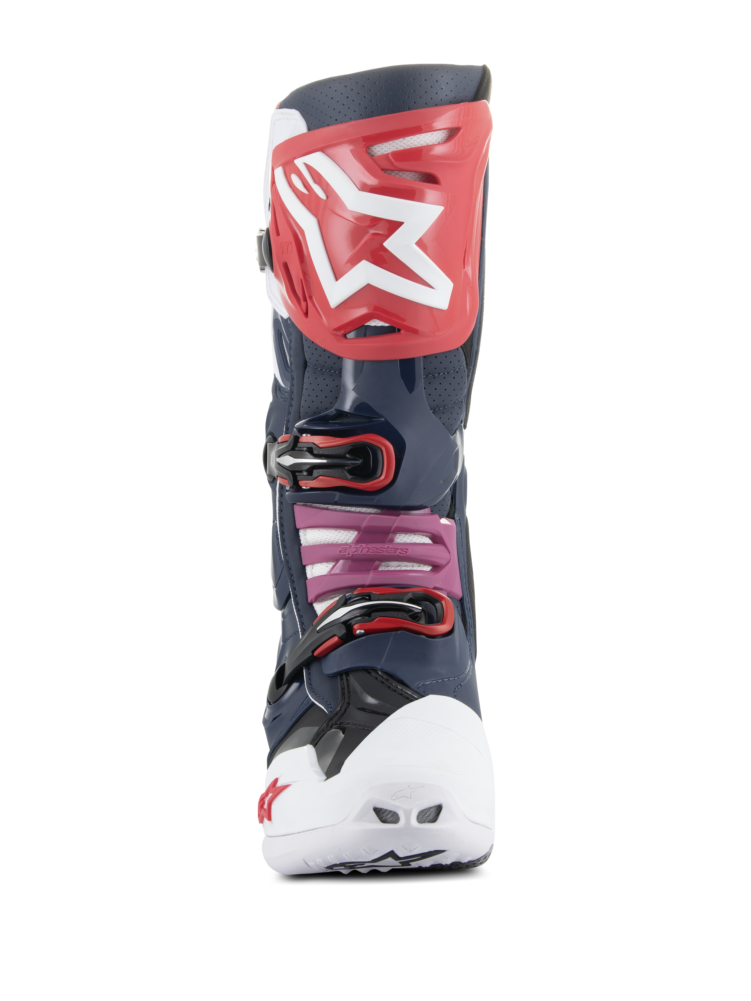 Botas Alpinestars Tech 10 Supervented, botas de motocross, Night Navy White Rainbow, vista frontal con placa de espinilla roja y logo blanco, puntera ventilada blanca y microfibra perforada azul marino para una ventilación máxima.