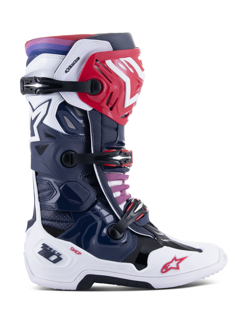 Botas Alpinestars Tech 10 Supervented, botas de competición para motocross, combinación de colores Night Navy White Rainbow, vista de perfil lateral, con estructura en azul marino y blanco con detalles en rojo, correas de hebilla negras y un degradado de púrpura a rojo en la parte superior, construcción ventilada de alto rendimiento para protección en carreras off-road