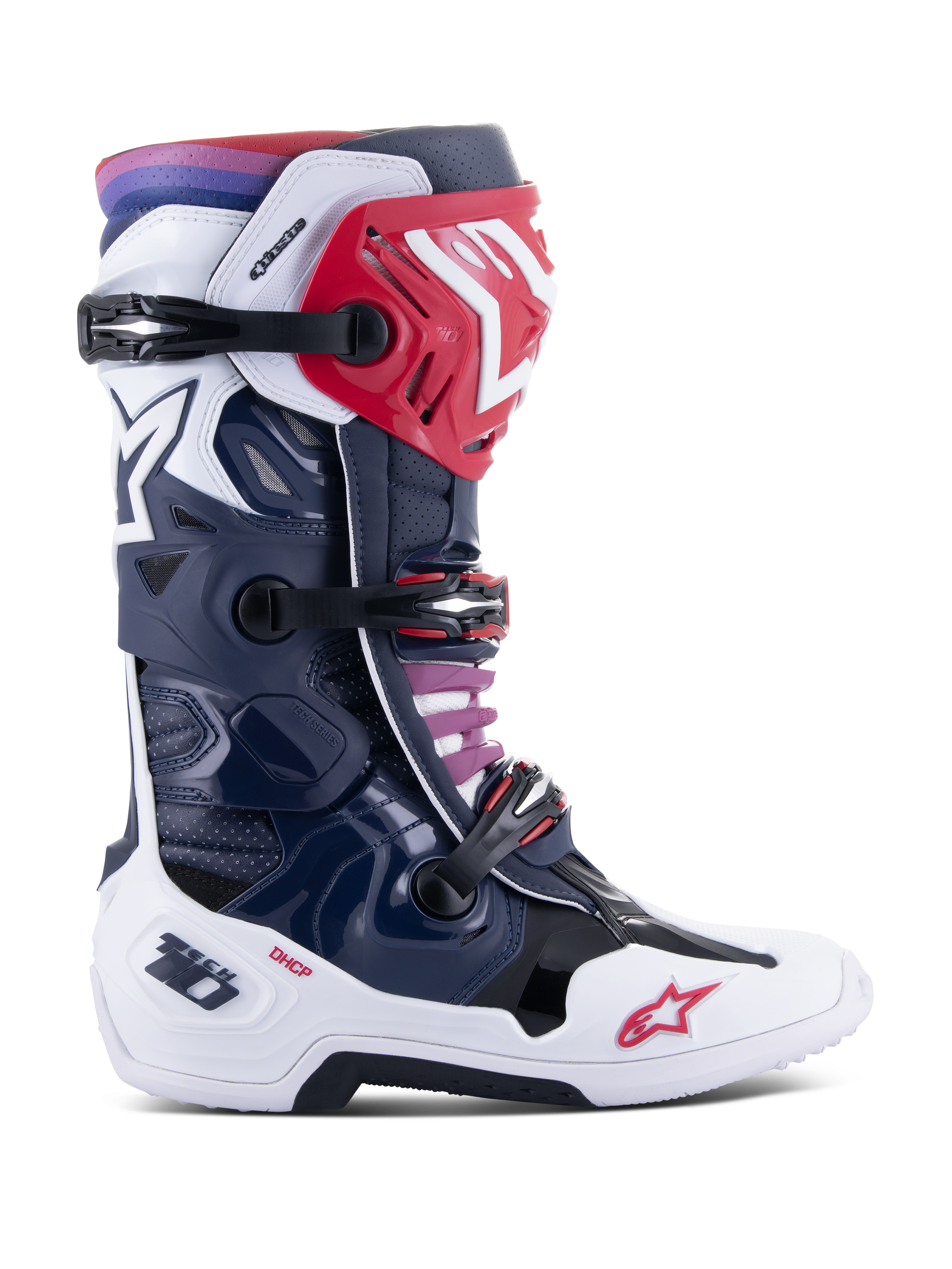 Botas Alpinestars Tech 10 Supervented, botas de competición para motocross, combinación de colores Night Navy White Rainbow, vista de perfil lateral, con estructura en azul marino y blanco con detalles en rojo, correas de hebilla negras y un degradado de púrpura a rojo en la parte superior, construcción ventilada de alto rendimiento para protección en carreras off-road