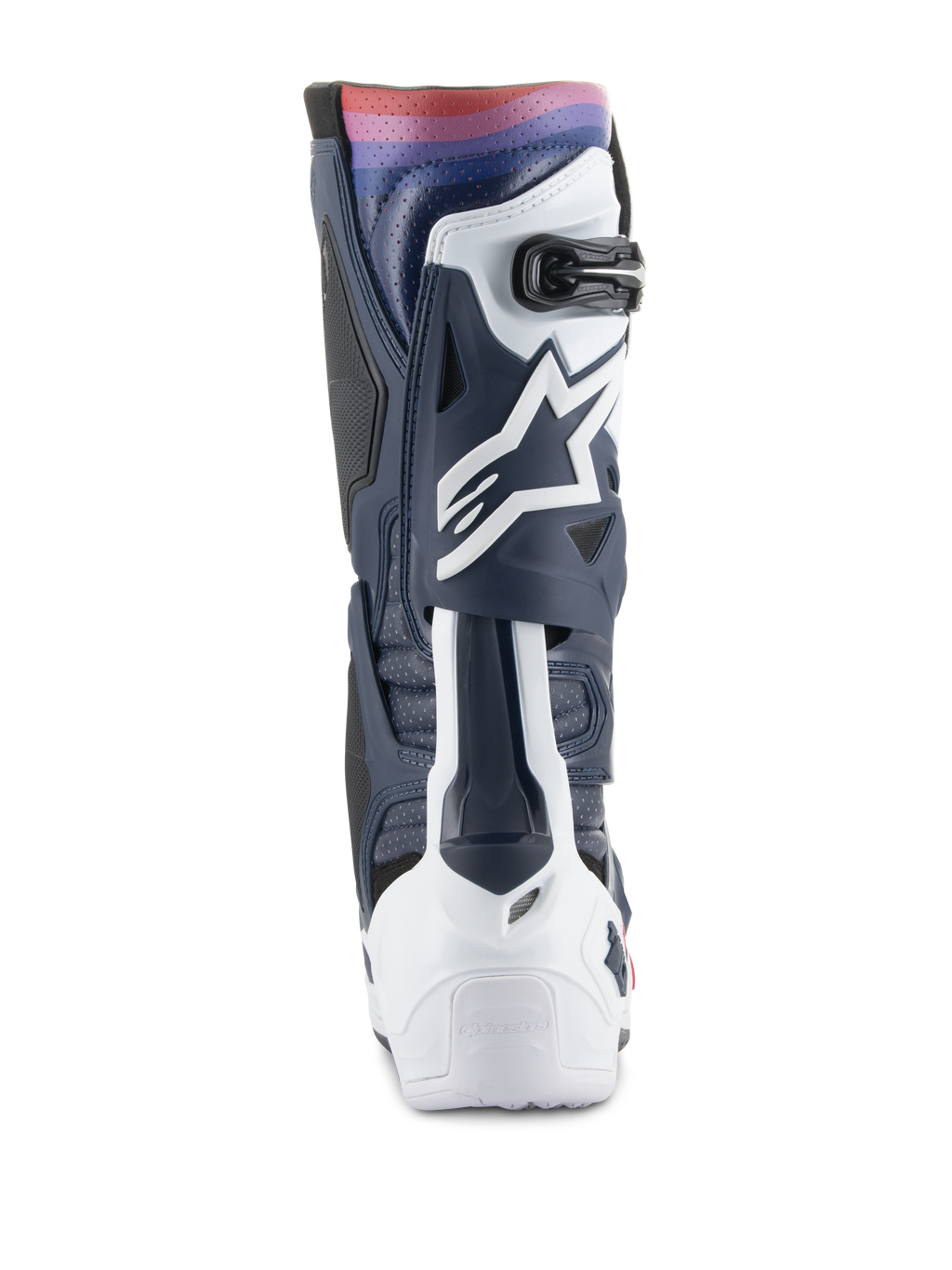 Botas Alpinestars Tech 10 Supervented, botas de motocross, Night Navy White Rainbow, vista trasera que muestra la estructura de TPU en azul marino y blanco con un vibrante degradado de arcoíris en la parte superior, con el logotipo de Astars en blanco y paneles ventilados para un rendimiento off-road.
