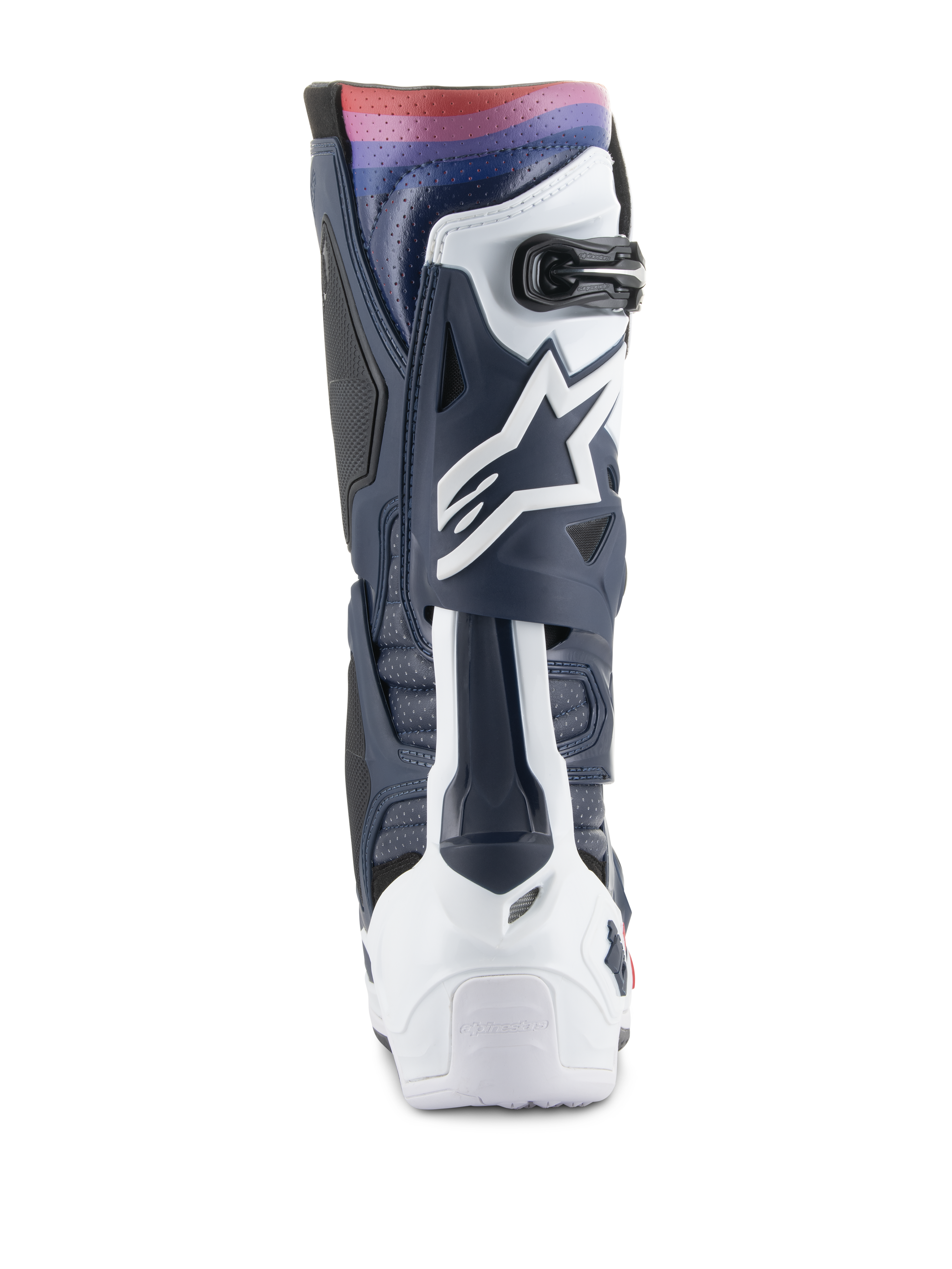 Botas Alpinestars Tech 10 Supervented, botas de motocross, Night Navy White Rainbow, vista trasera que muestra la estructura de TPU en azul marino y blanco con un vibrante degradado de arcoíris en la parte superior, con el logotipo de Astars en blanco y paneles ventilados para un rendimiento off-road.