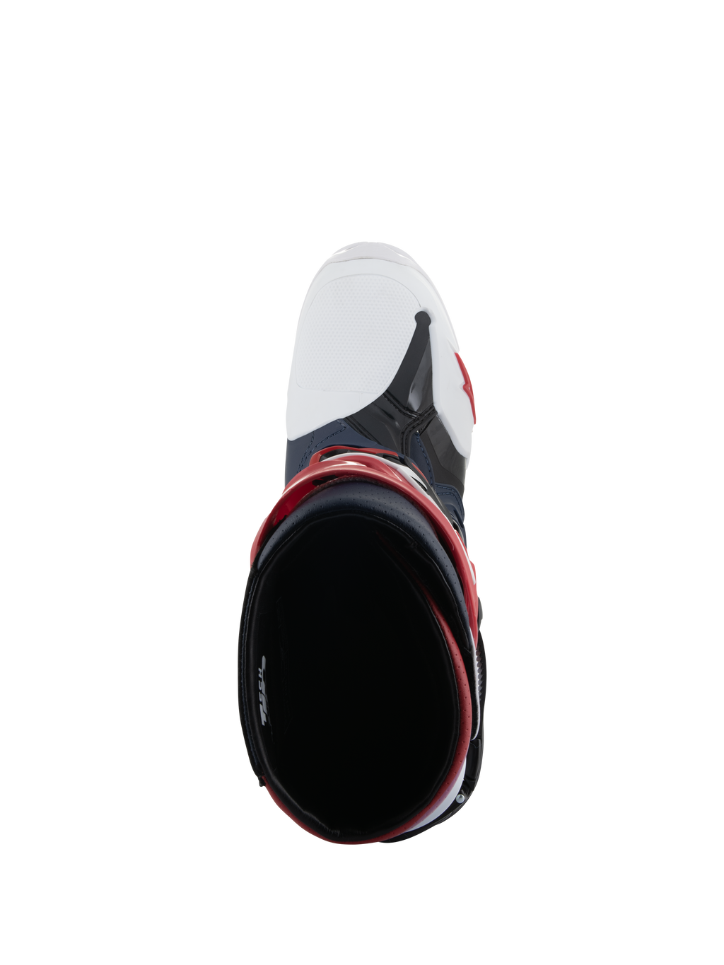 Botas Alpinestars Tech 10 Supervented, vista superior mirando hacia el interior de la bota, Night Navy White Rainbow, con puntera blanca ventilada y detalles en rojo, calzado de motocross de alto rendimiento diseñado para un flujo de aire máximo.