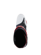 Botas Alpinestars Tech 10 Supervented, vista superior mirando hacia el interior de la bota, Night Navy White Rainbow, con puntera blanca ventilada y detalles en rojo, calzado de motocross de alto rendimiento diseñado para un flujo de aire máximo.