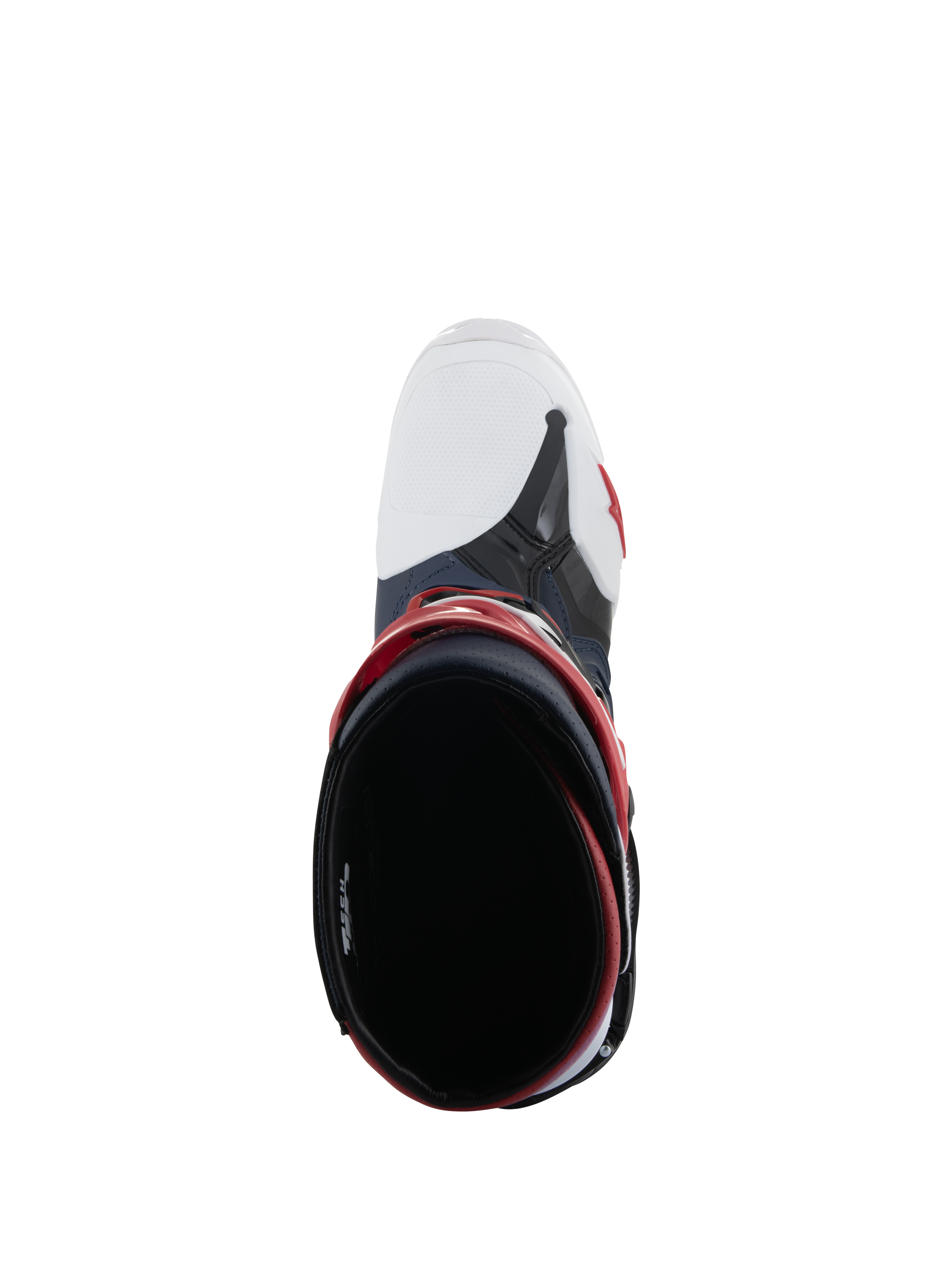 Botas Alpinestars Tech 10 Supervented, vista superior mirando hacia el interior de la bota, Night Navy White Rainbow, con puntera blanca ventilada y detalles en rojo, calzado de motocross de alto rendimiento diseñado para un flujo de aire máximo.