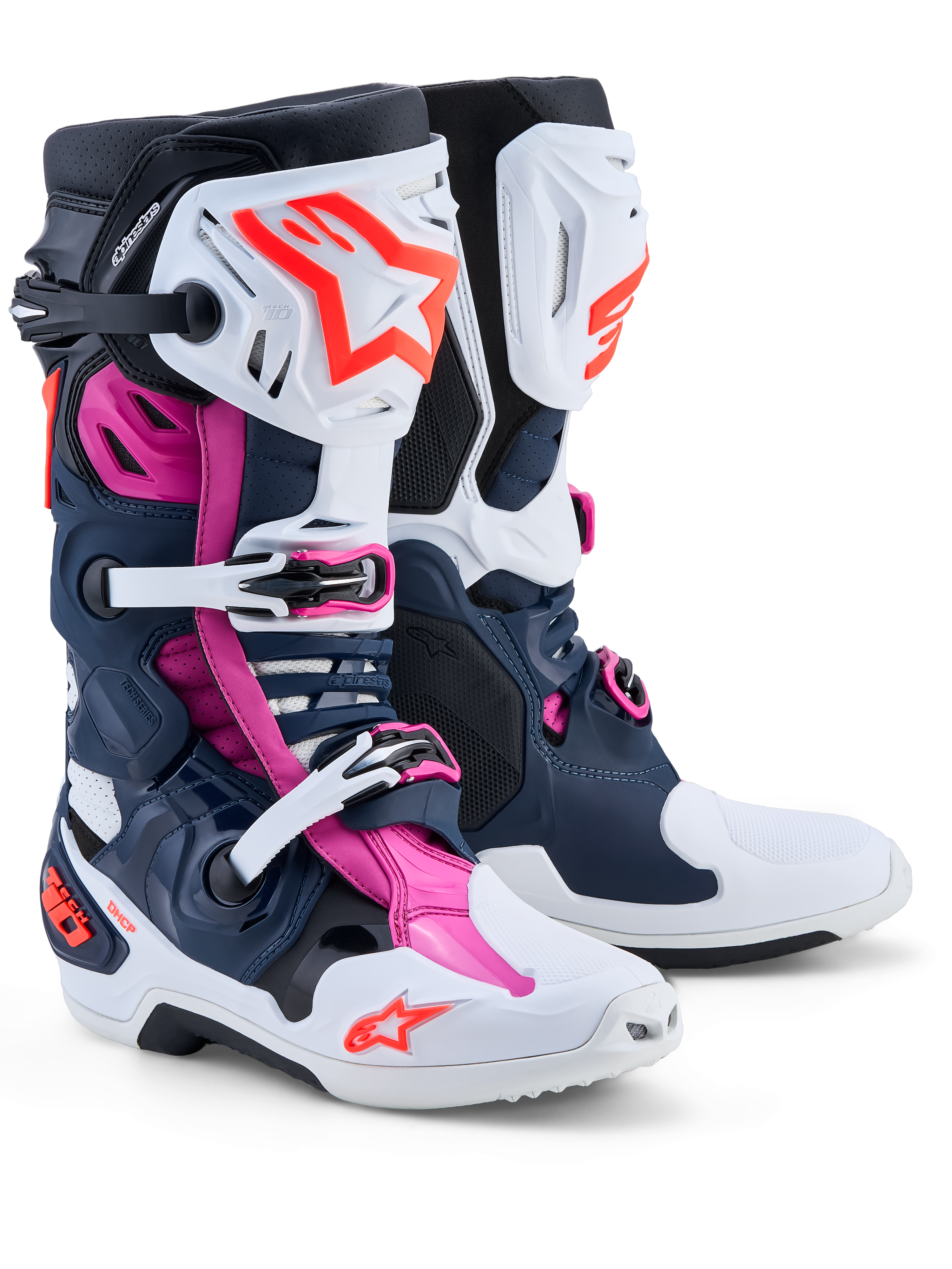 Alpinestars Tech-10 Supervented, botas de motocross para hombre, azul oscuro, blanco y fucsia, con carcasas de TPU ventiladas
