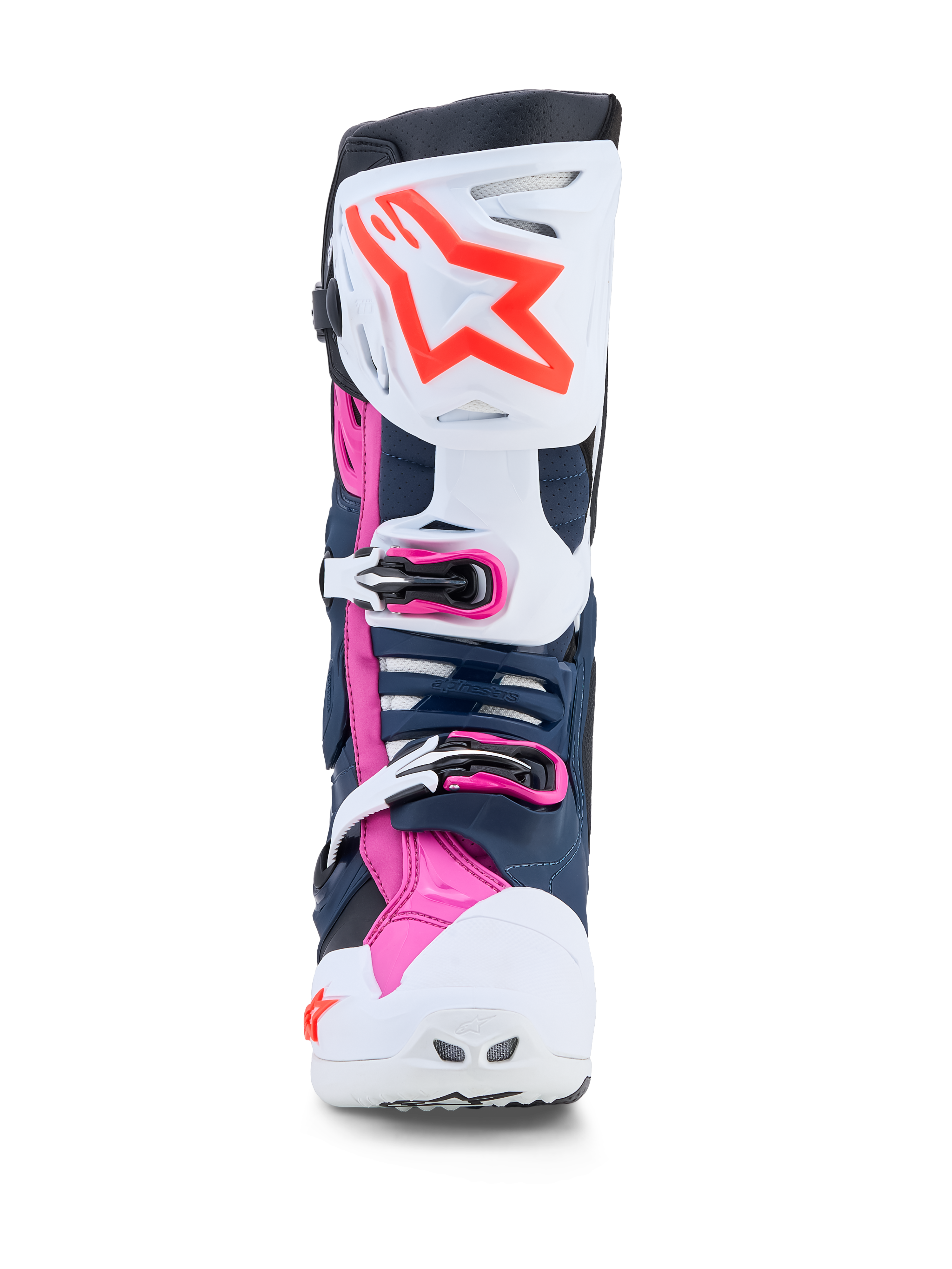 Alpinestars Tech-10 Supervented, botas de motocross, blancas, azul oscuro y fucsia, paneles de TPU ventilados para off-road