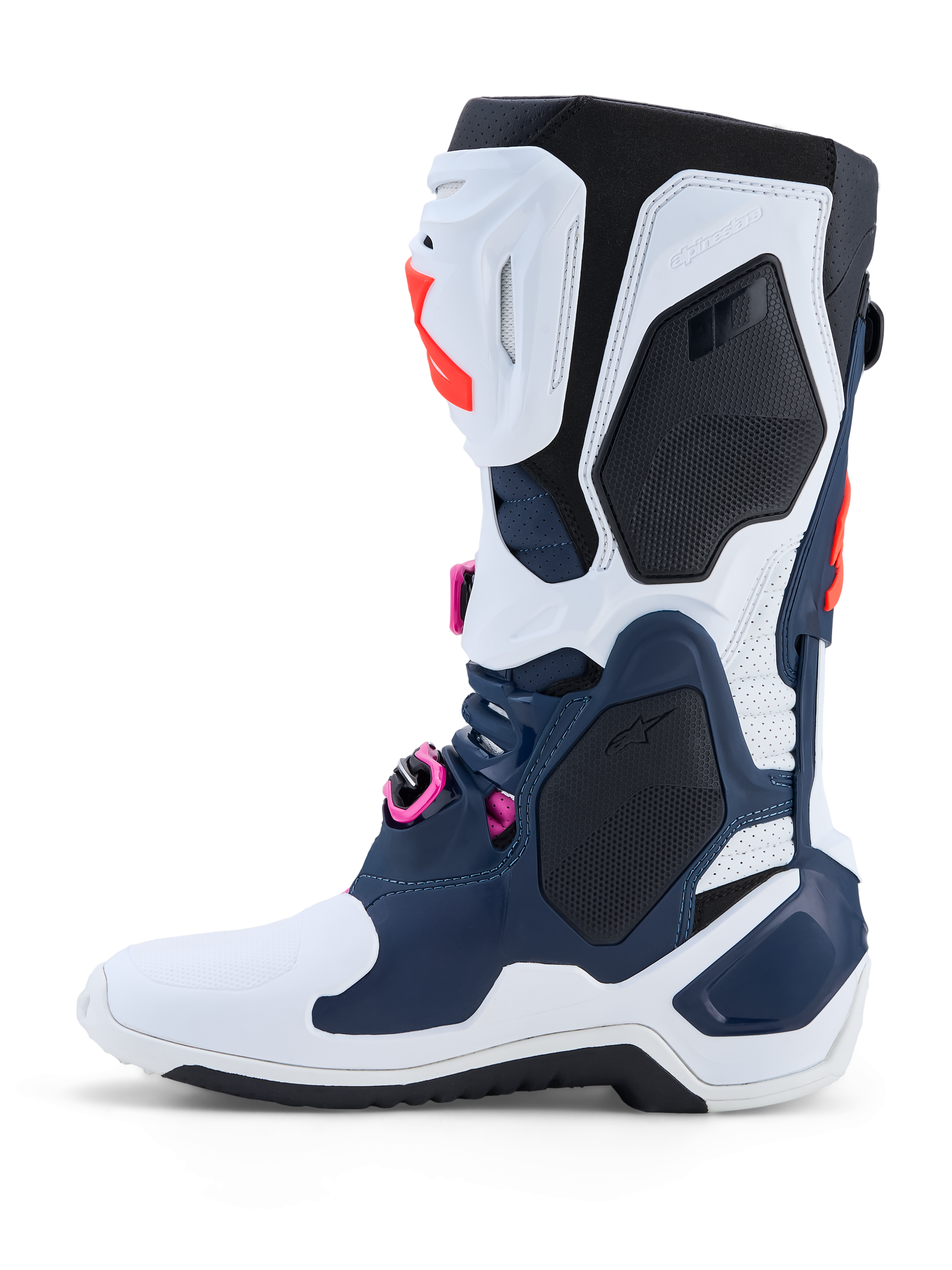 Alpinestars Tech-10 Supervented, botas de motocross en azul oscuro y blanco con detalles fucsia y carcasa ventilada.