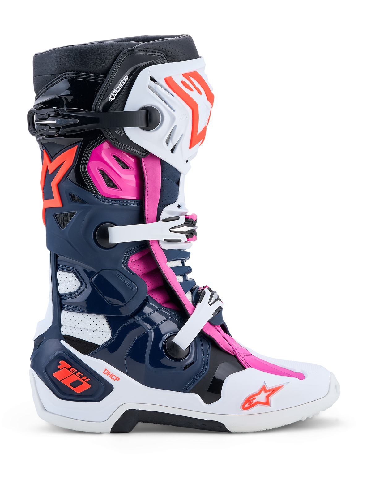 Alpinestars Tech-10 Supervented, botas de motocross, azul oscuro, blanco y fucsia, con ventilación avanzada