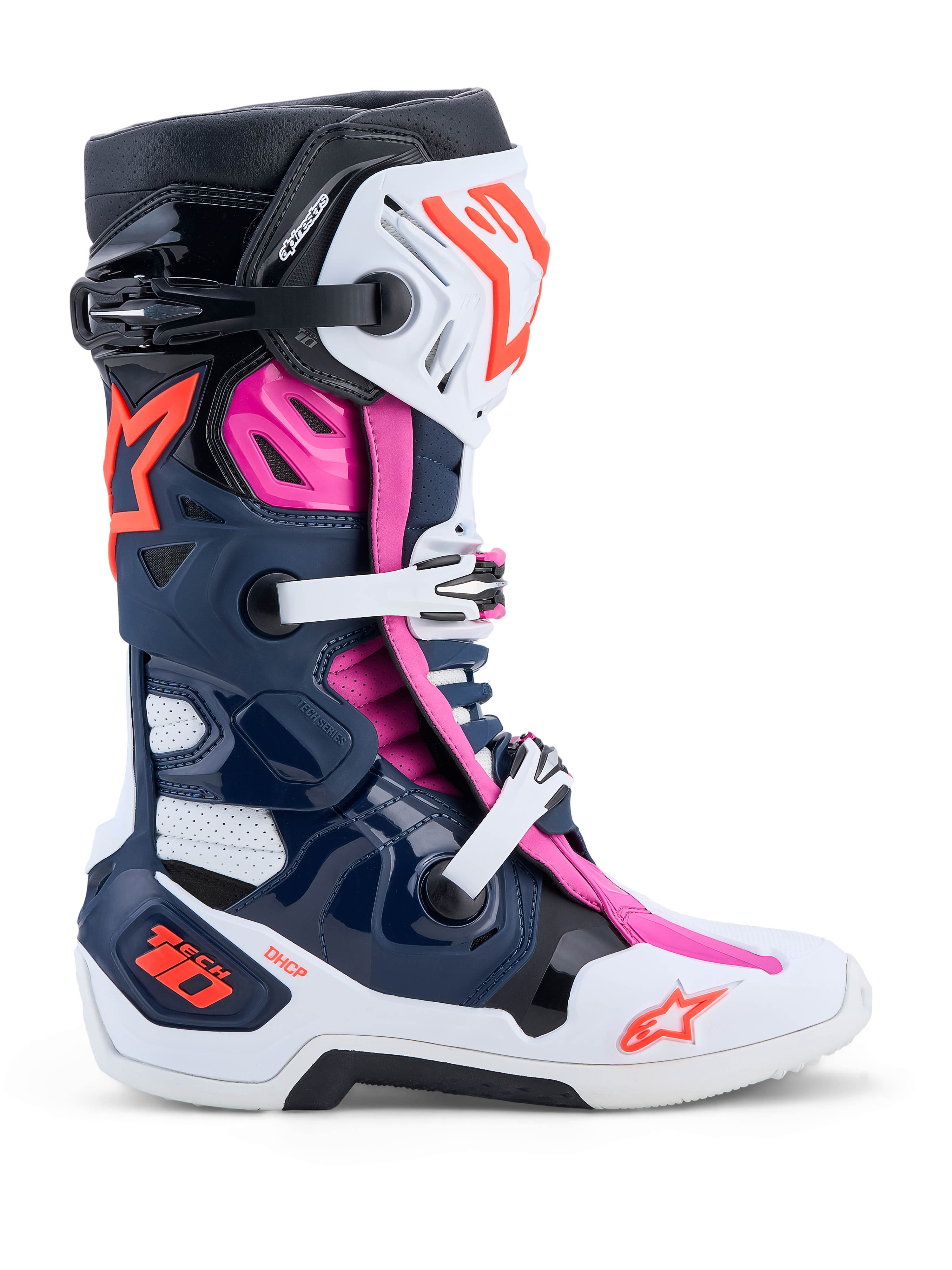 Alpinestars Tech-10 Supervented, botas de motocross, azul oscuro, blanco y fucsia, con ventilación avanzada