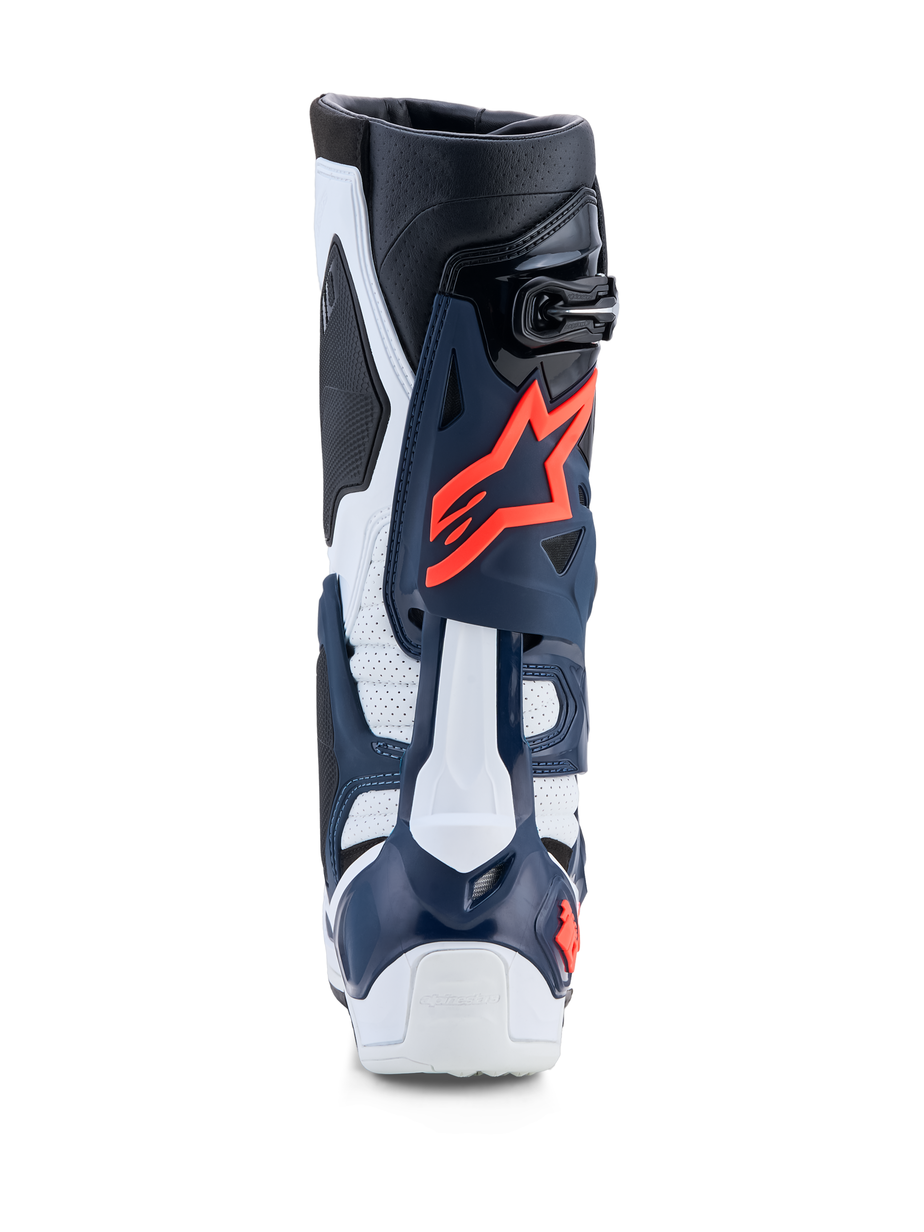 Alpinestars Tech-10 Supervented, botas de motocross en azul y blanco con fucsia, construcción de TPU perforado.