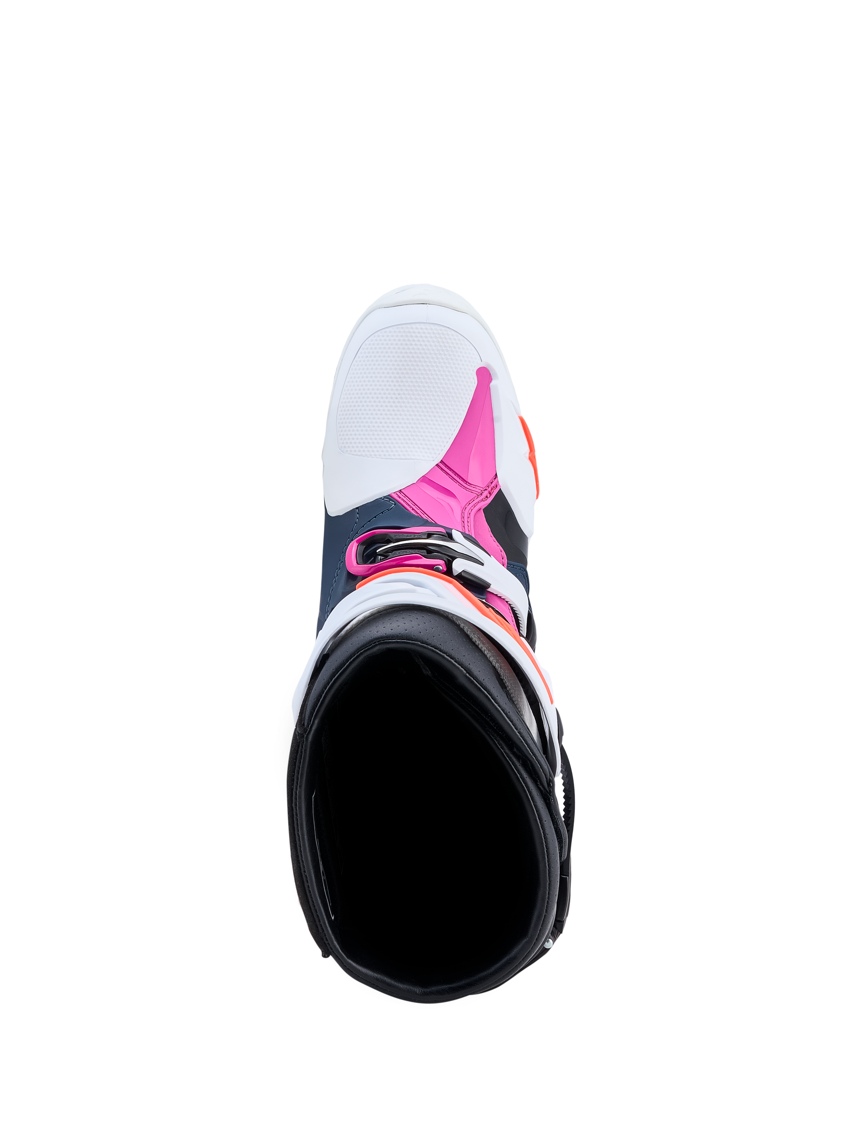 Botas de motocross Alpinestars Tech-10 Supervented en azul oscuro, blanco y fucsia, vista superior del interior