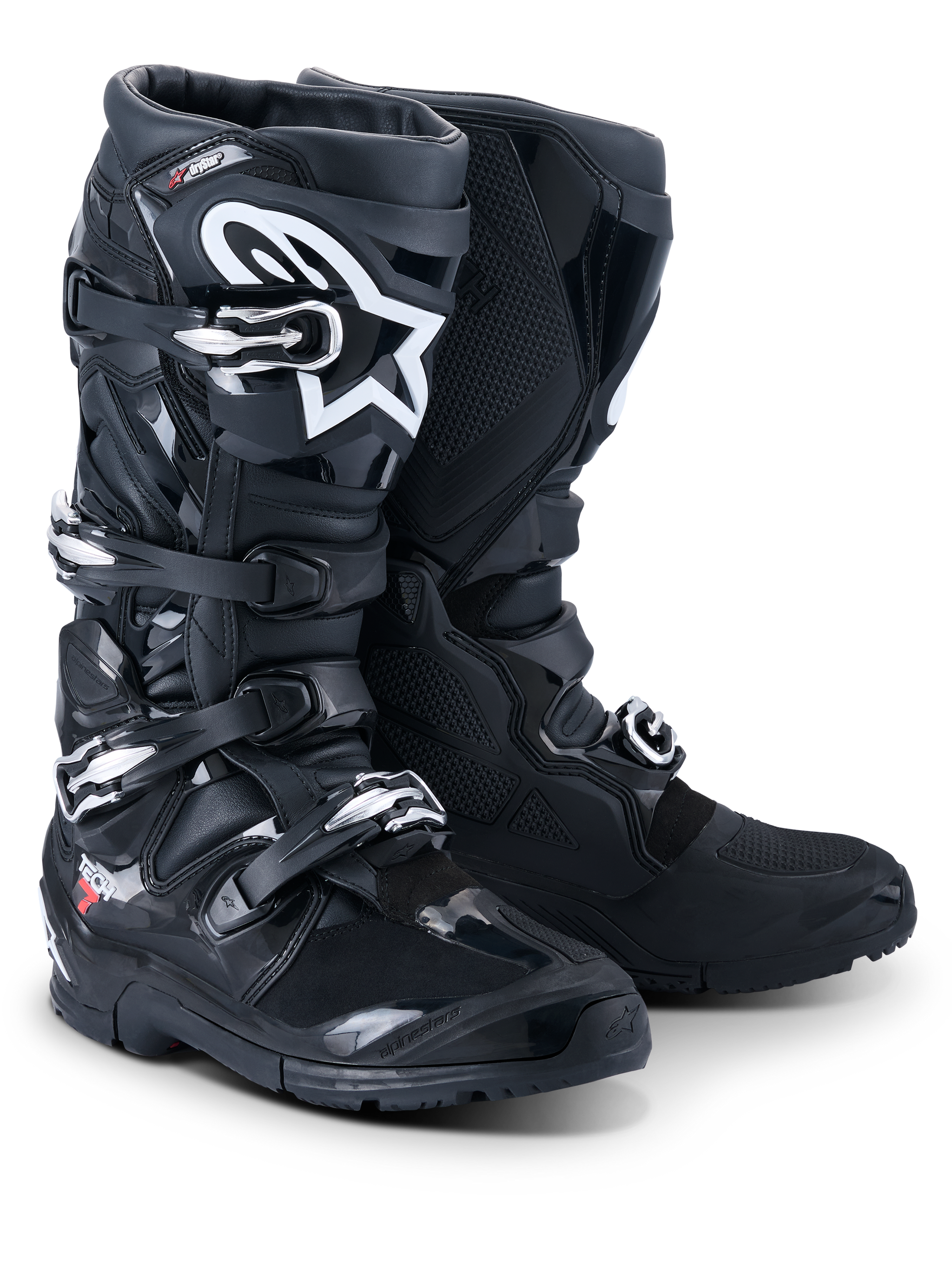 Botas Alpinestars 2026 Tech 7 Enduro Drystar®, botas profesionales de motocross y enduro, negro, con sistema de cierre de cuatro hebillas, logotipo Astar blanco en la espinilla, paneles de protección de TPU resistentes y suela especializada para agarre todoterreno