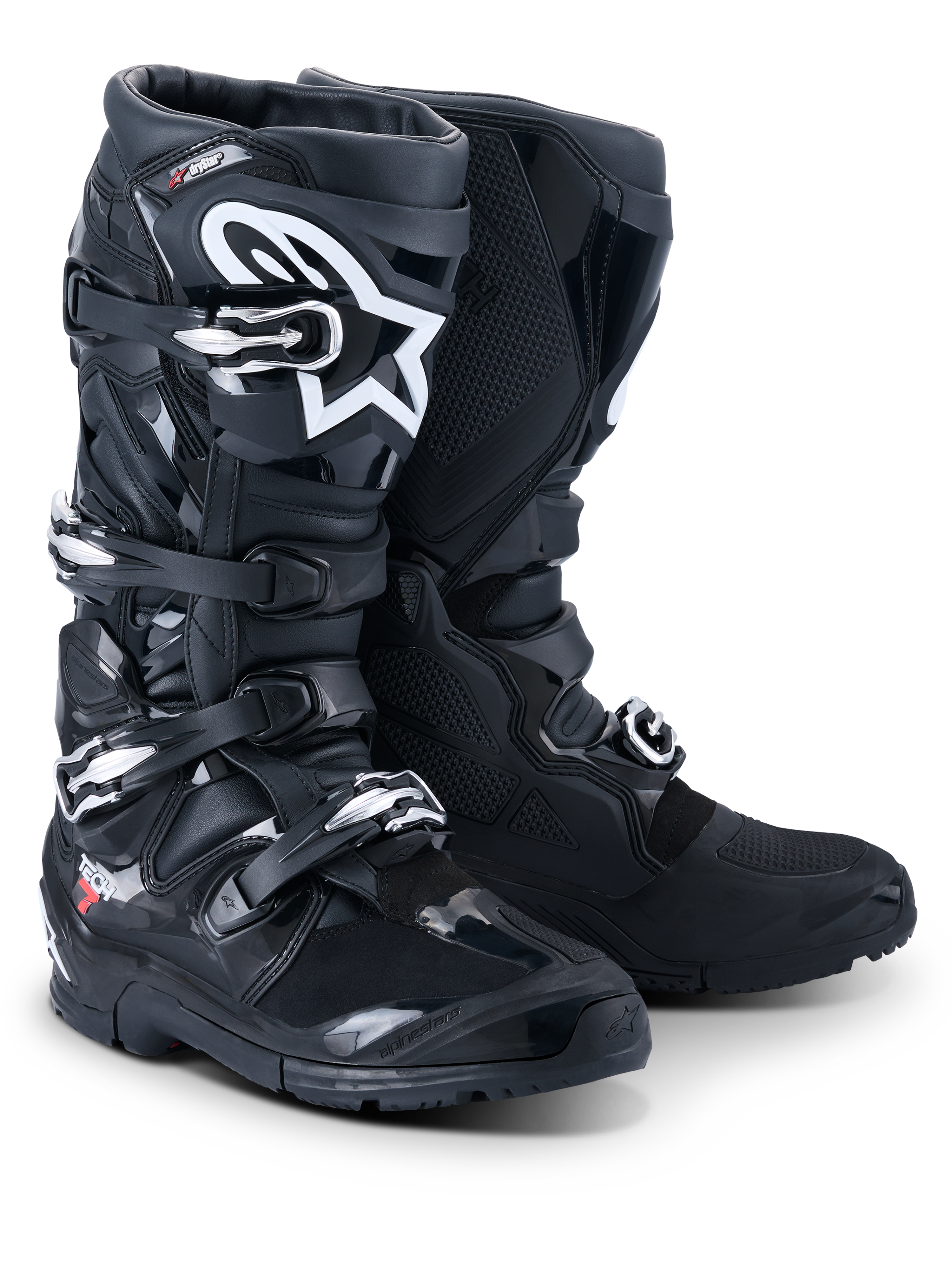 Botas Alpinestars 2026 Tech 7 Enduro Drystar®, botas profesionales de motocross y enduro, negro, con sistema de cierre de cuatro hebillas, logotipo Astar blanco en la espinilla, paneles de protección de TPU resistentes y suela especializada para agarre todoterreno