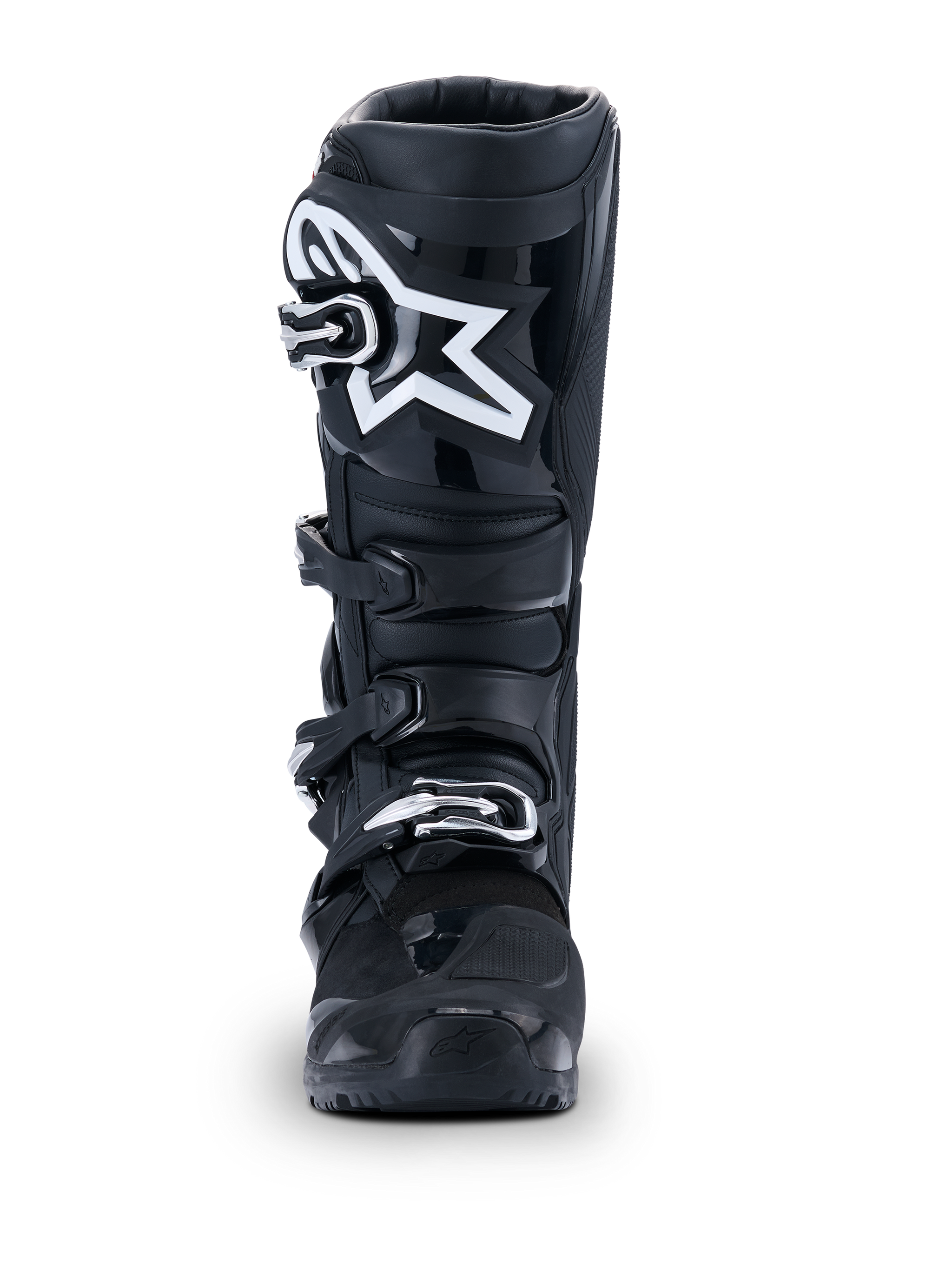 Alpinestars 2026 Tech 7 Enduro Drystar® Boots, botas de motocross negras, vista frontal, con un sistema duradero de cierre de cuatro hebillas y el prominente logotipo de la estrella blanca en la espinilla, diseñadas para rendimiento todoterreno y de enduro