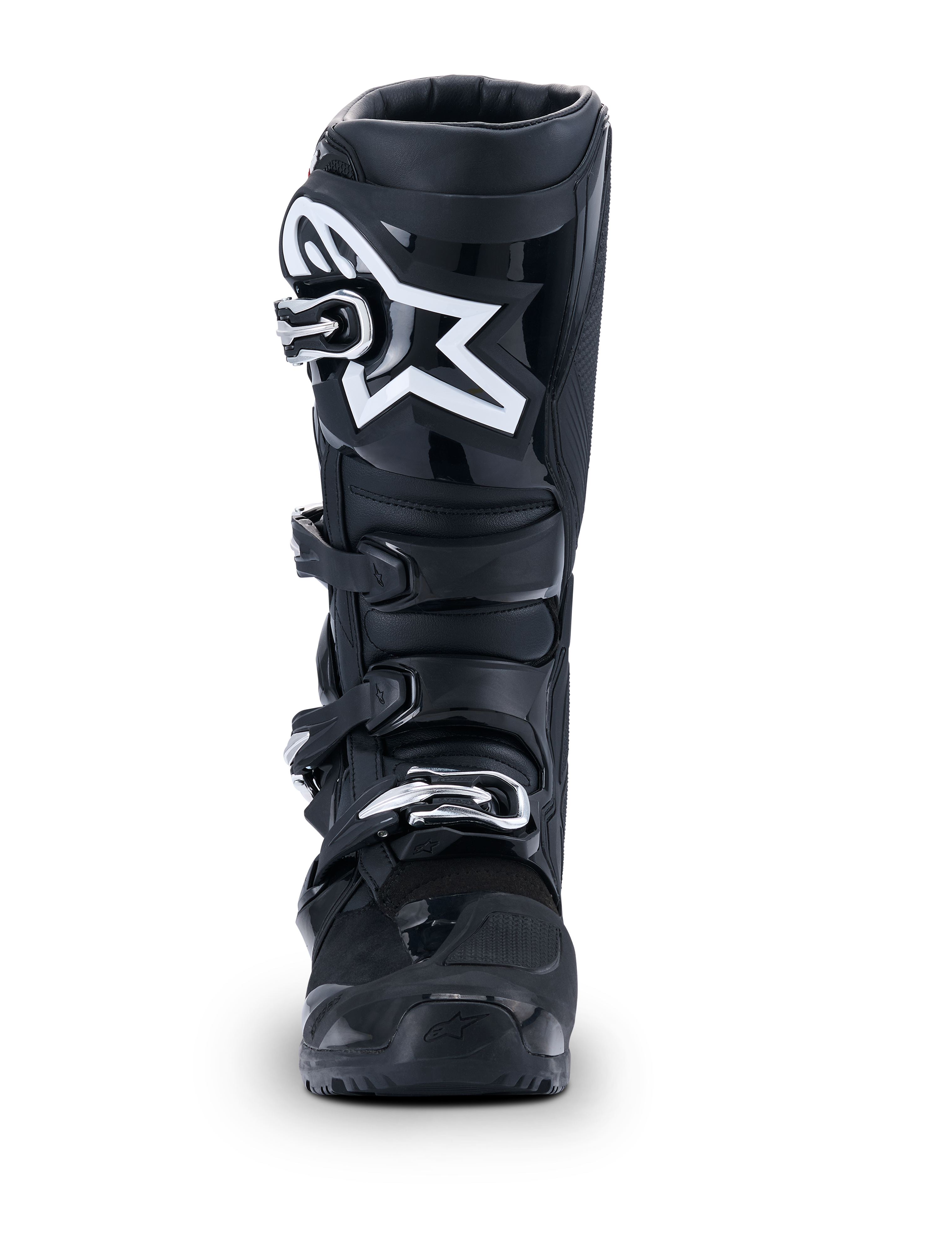Alpinestars 2026 Tech 7 Enduro Drystar® Boots, botas de motocross negras, vista frontal, con un sistema duradero de cierre de cuatro hebillas y el prominente logotipo de la estrella blanca en la espinilla, diseñadas para rendimiento todoterreno y de enduro