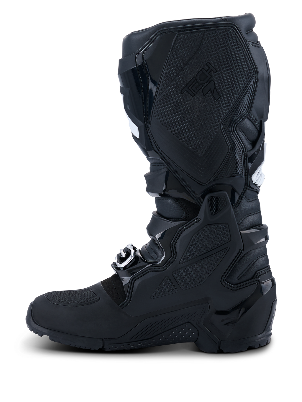 Botas Alpinestars 2026 Tech 7 Enduro Drystar®, negro, vista de perfil del lado medial con amplia protección de TPU, sistema de doble pivote y paneles de agarre texturizados para control de la moto, construcción impermeable para carreras de enduro y todoterreno