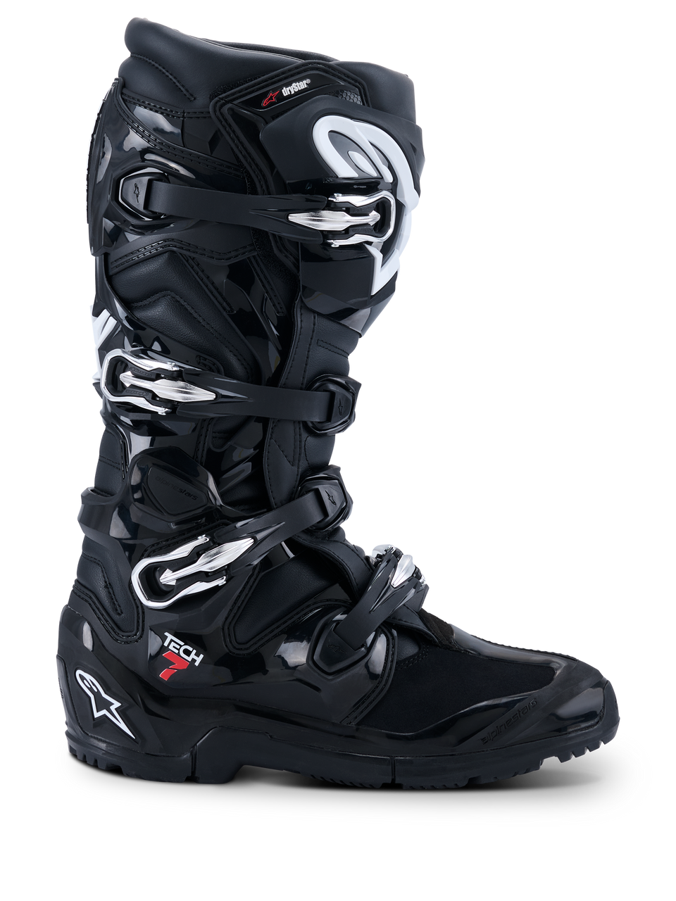 Alpinestars Tech 7 Enduro Drystar, botas de moto todoterreno, negras con detalles blancos y rojos, hebillas plateadas ajustables, impermeables, construcción resistente con protección premium