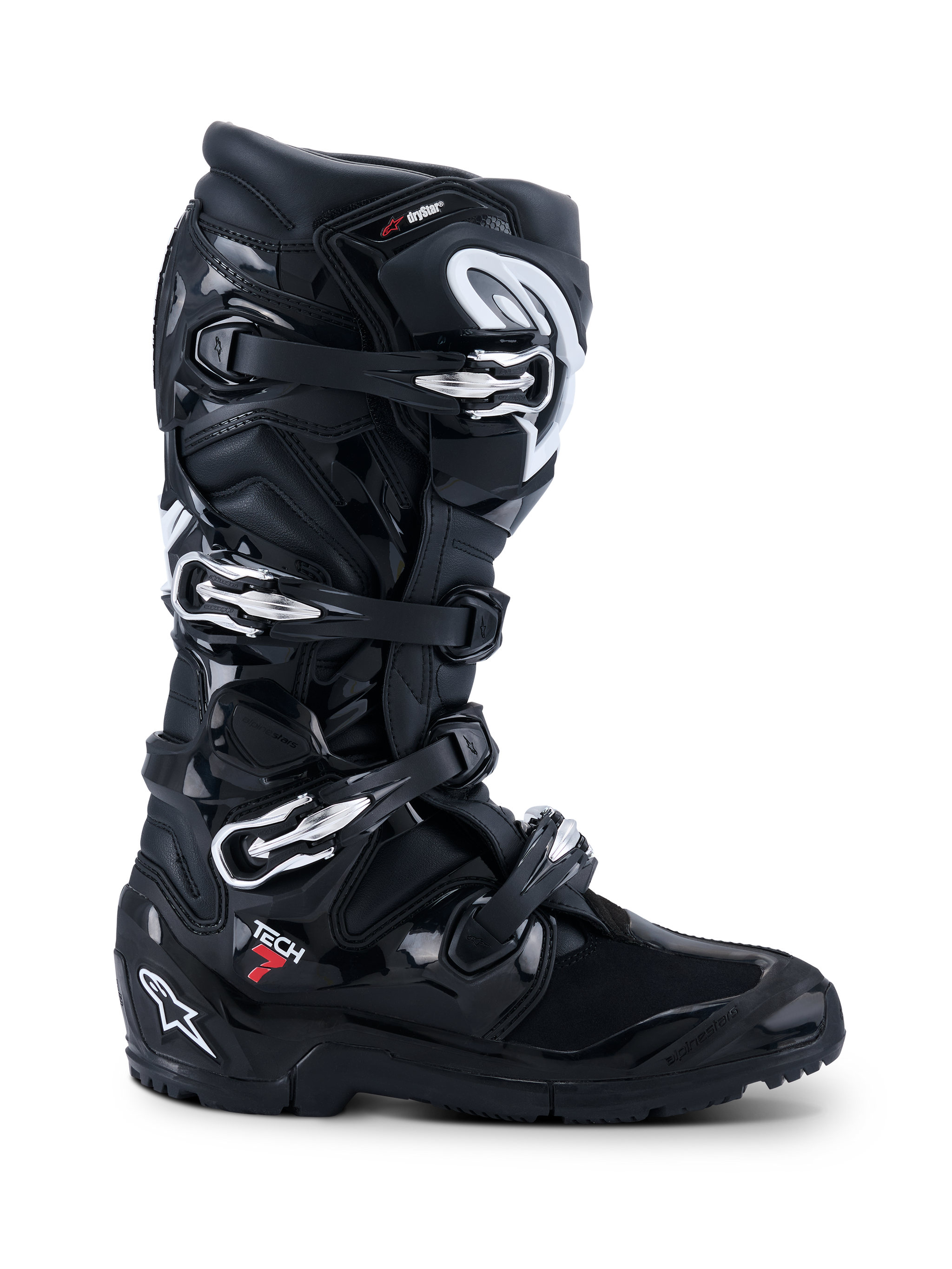 Botas Alpinestars Tech 7 Enduro Drystar® 2026, botas de moto off-road negras, vista de perfil con cuatro cierres de hebilla plateados, suela de enduro de doble compuesto resistente y amplia protección de TPU con acabados en negro mate y brillante.