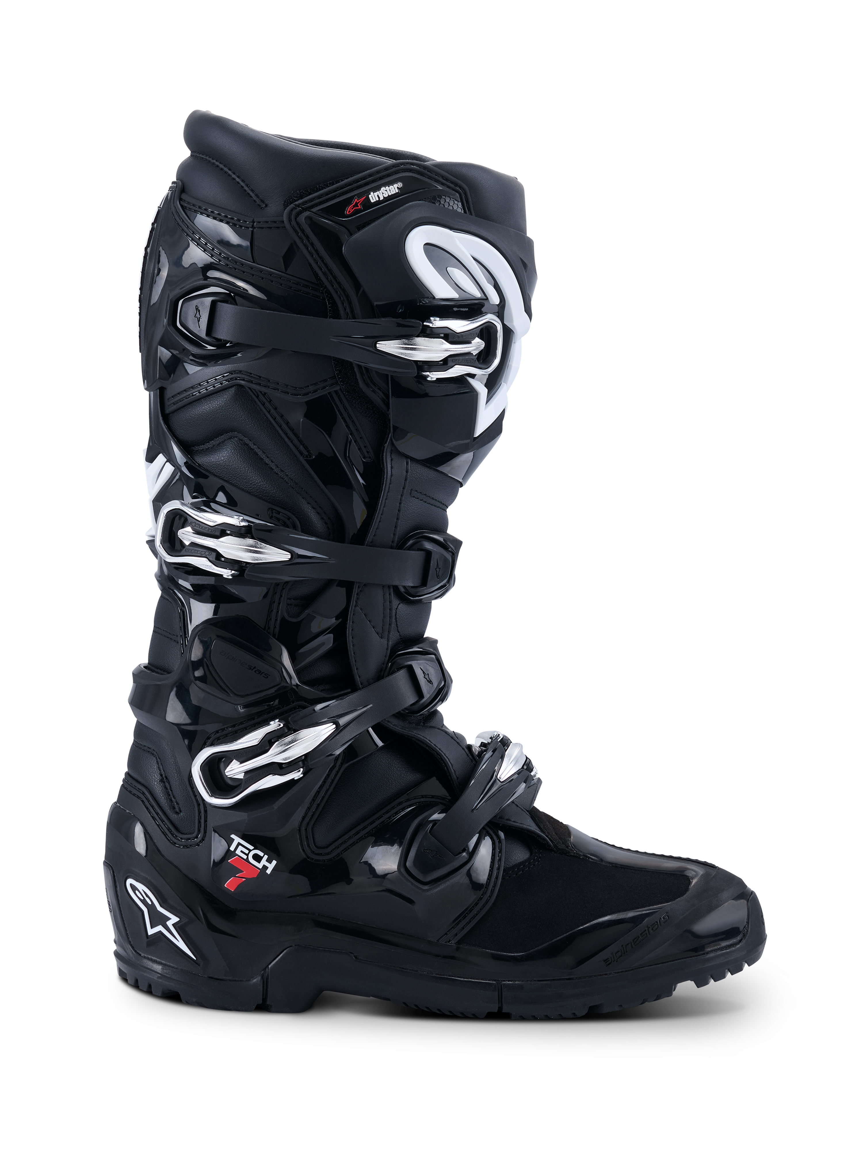 Botas Alpinestars Tech 7 Enduro Drystar® 2026, botas de moto off-road negras, vista de perfil con cuatro cierres de hebilla plateados, suela de enduro de doble compuesto resistente y amplia protección de TPU con acabados en negro mate y brillante.