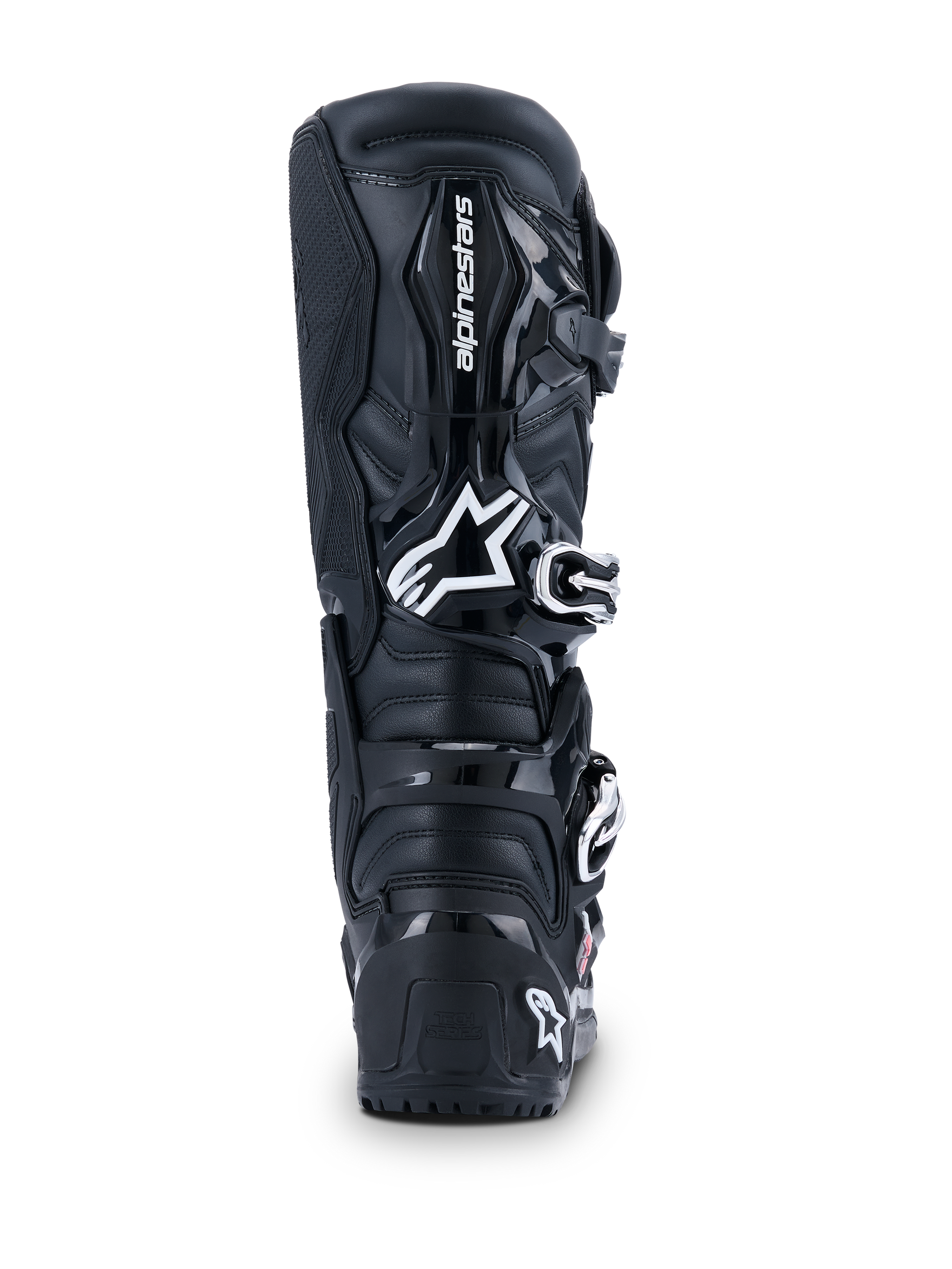 Botas Alpinestars Tech 7 Enduro Drystar® 2026, botas de motocross, negro, vista trasera con el logo de Alpinestars blanco en la pantorrilla, paneles de protección de TPU duraderos y construcción robusta para conducción off-road y enduro
