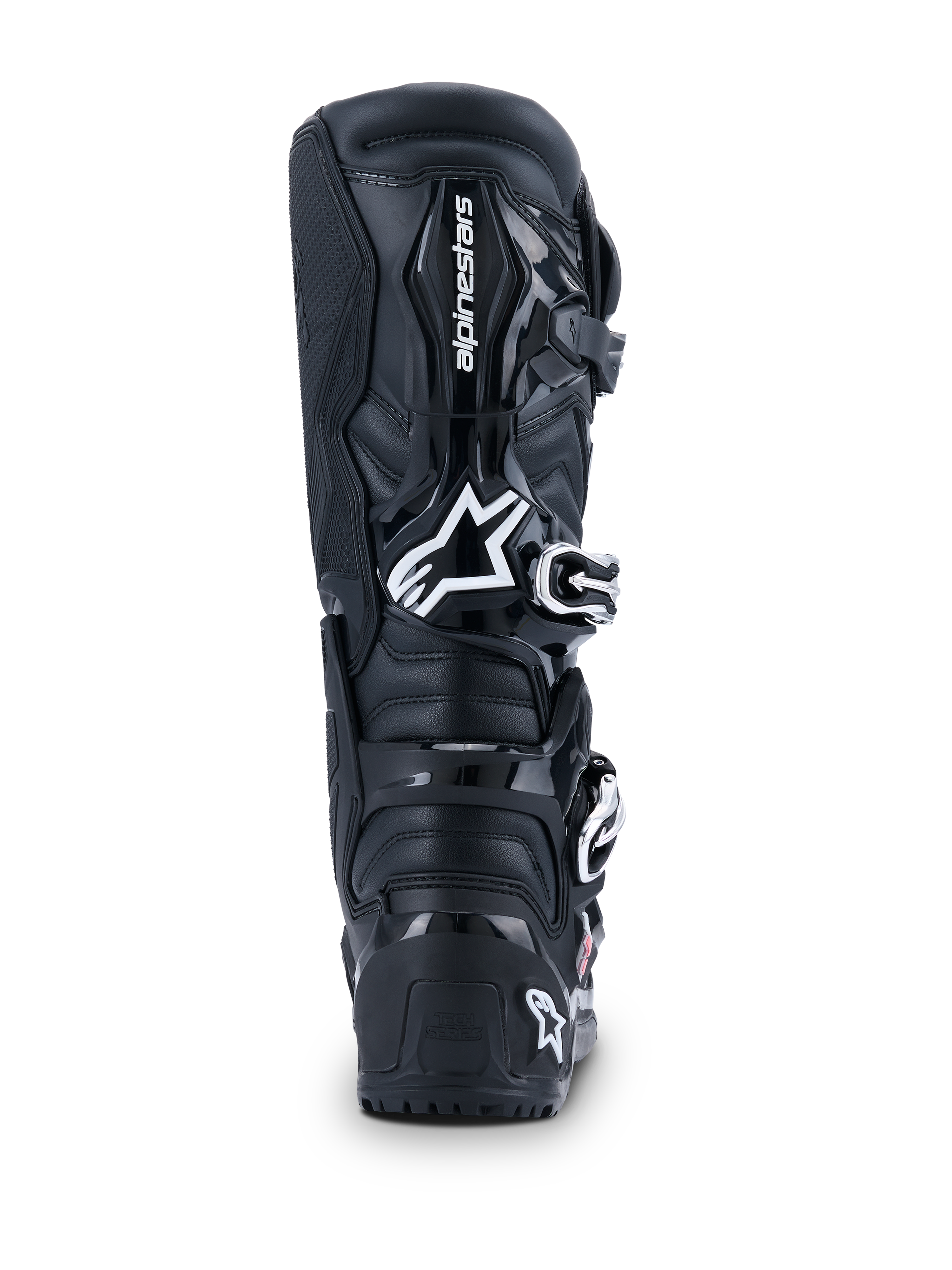 Botas Alpinestars Tech 7 Enduro Drystar® 2026, botas de motocross, negro, vista trasera con el logo de Alpinestars blanco en la pantorrilla, paneles de protección de TPU duraderos y construcción robusta para conducción off-road y enduro