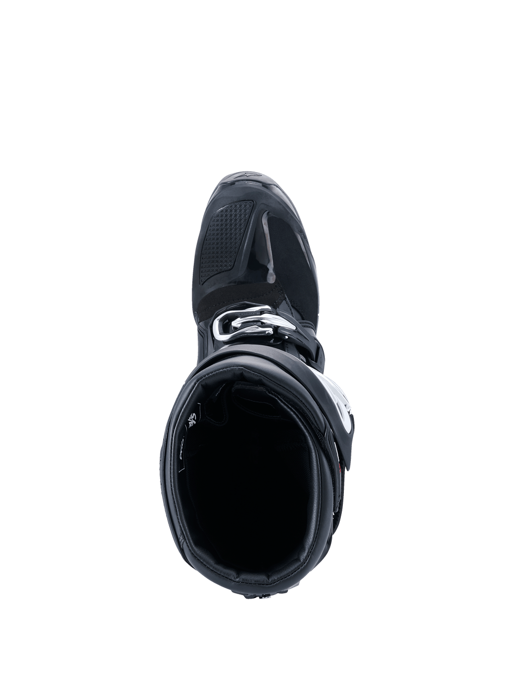 Botas Alpinestars Tech 7 Enduro Drystar® 2026, botas de motocross, negras, vista superior mirando hacia el interior de la bota, muestra la sección reforzada de la puntera y el cierre de hebilla, equipo de protección duradero para todoterreno